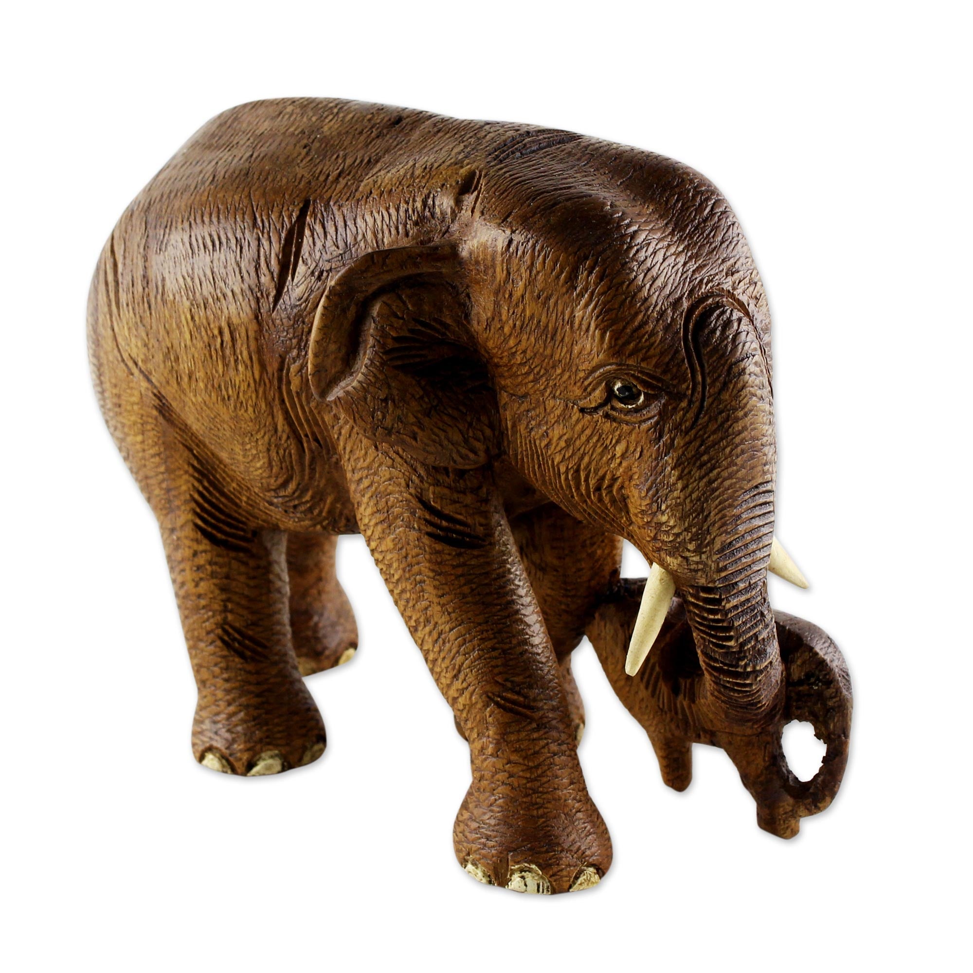 Premium Teak Wood Sculpture: Mother and Child Thai Elephants - Handcrafted in Brown