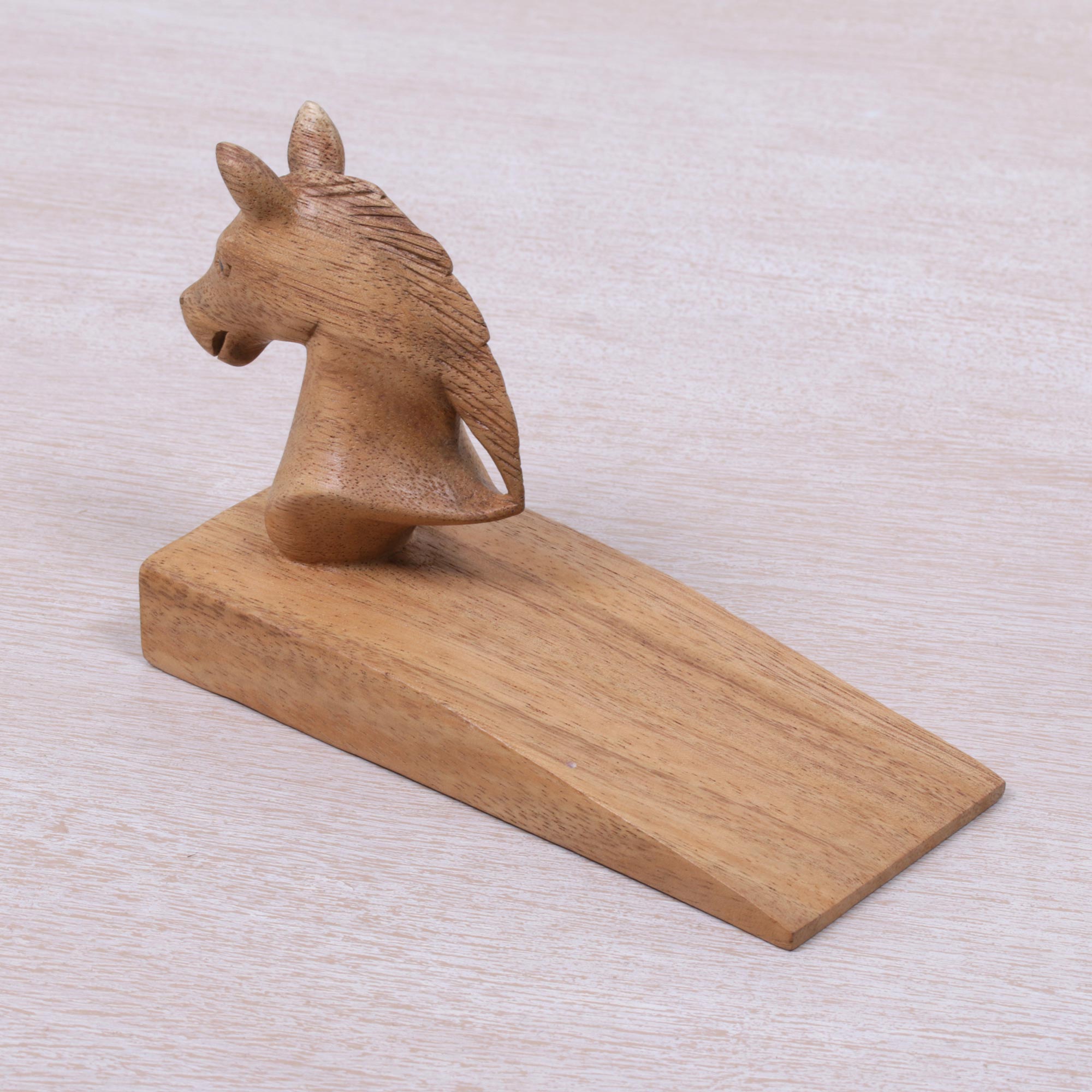 Premium Hand-Carved Suar Wood Horse Door Stopper - Elegant Brown Finish, Artisan Crafted in Bali