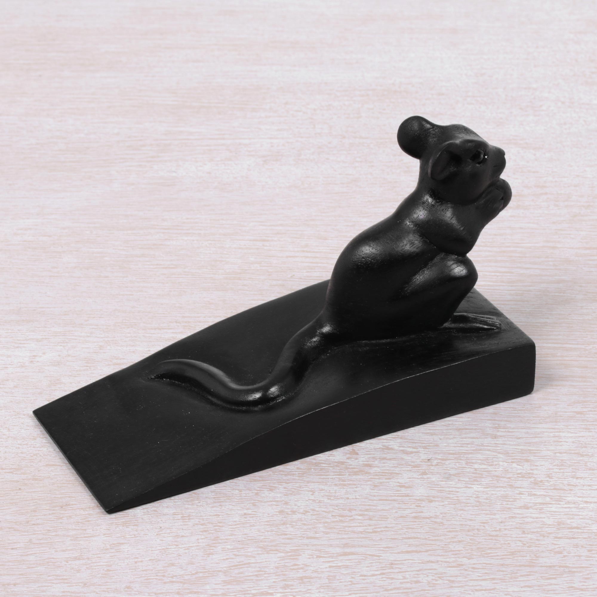 Premium Hand-Carved Black Suar Wood Mouse Door Stopper - Balinese Artisan Craft