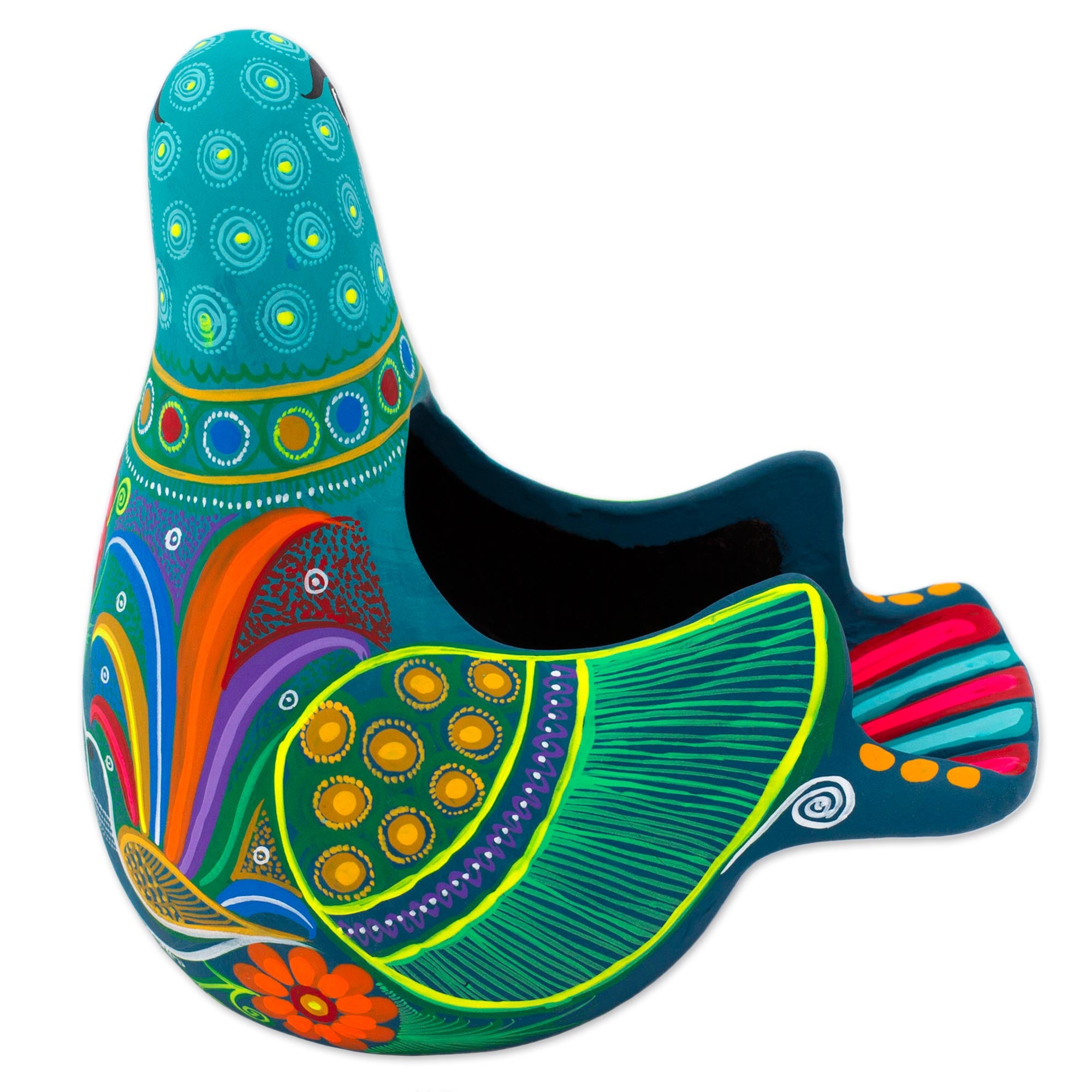 Premium Teal Dove Ceramic Sculpture - Hand-Painted Floral Art from Mexico