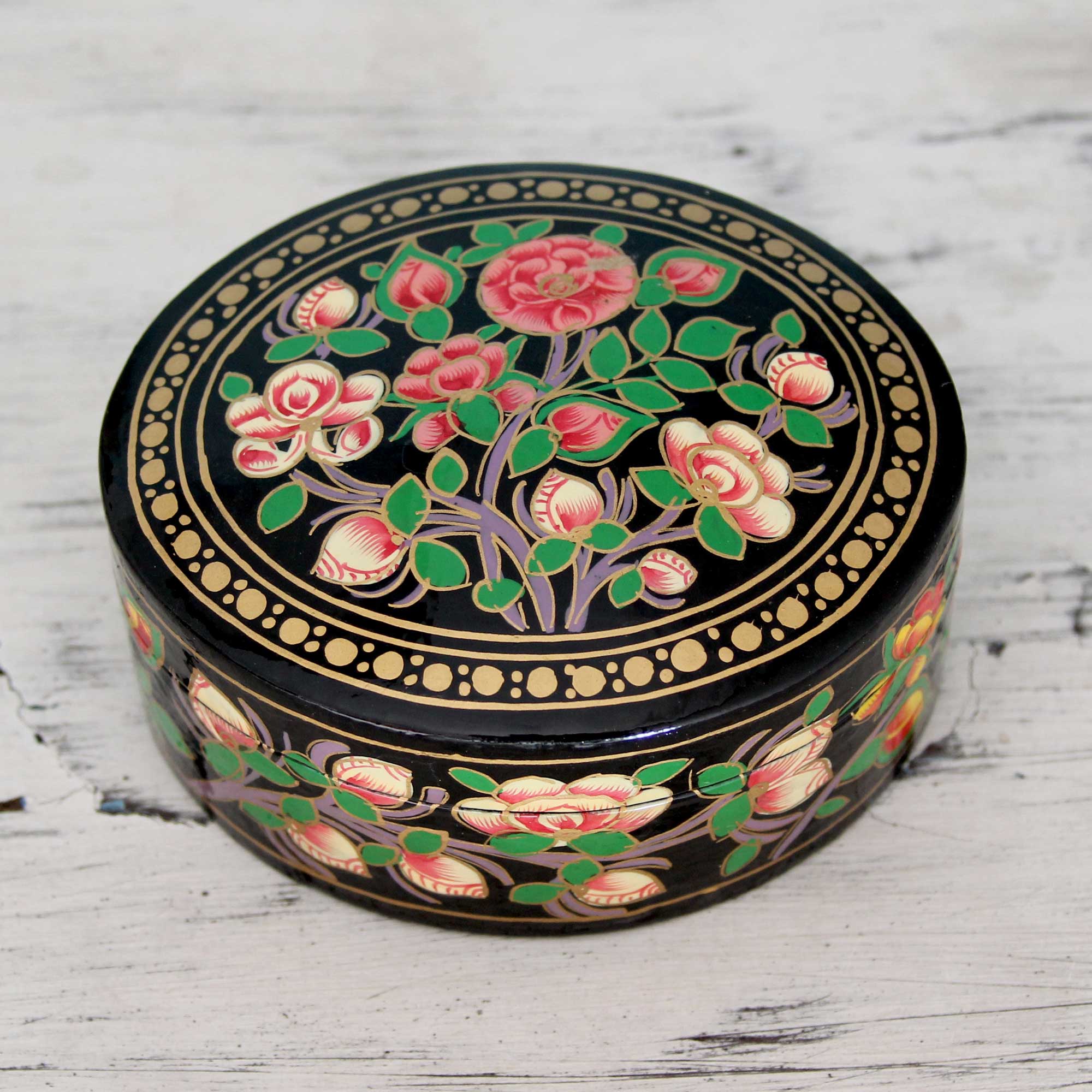 Premium Hand-Painted Rose Grandeur Papier Mache Decorative Box from India