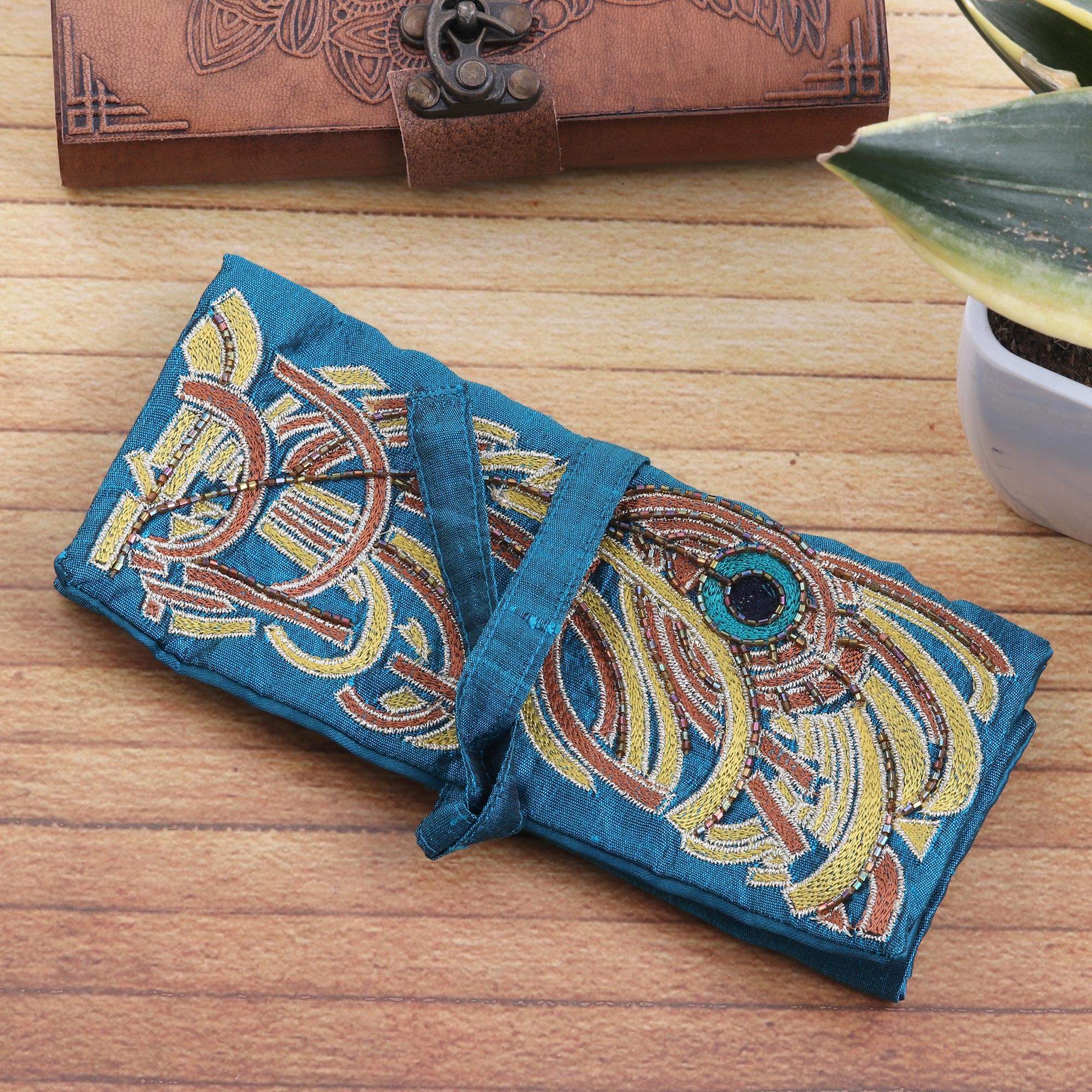 Premium Royal Peacock Silk Jewelry Roll - Turquoise Embroidered Travel Organizer