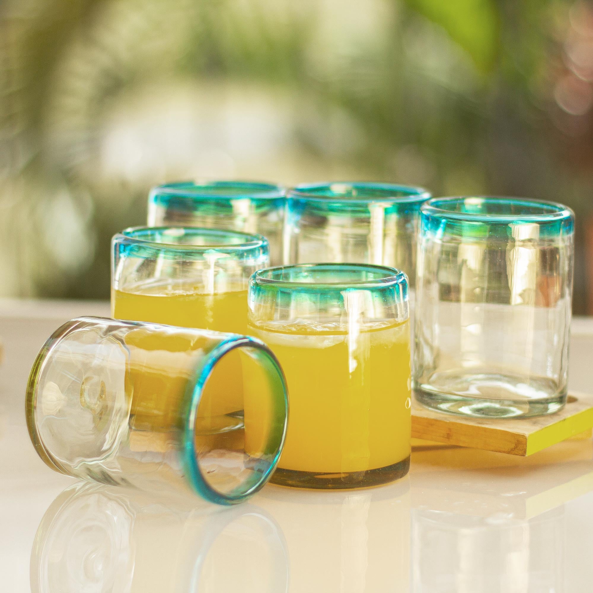 Premium Aquamarine Kiss Set of 6 Eco-Friendly Hand Blown Juice Glasses