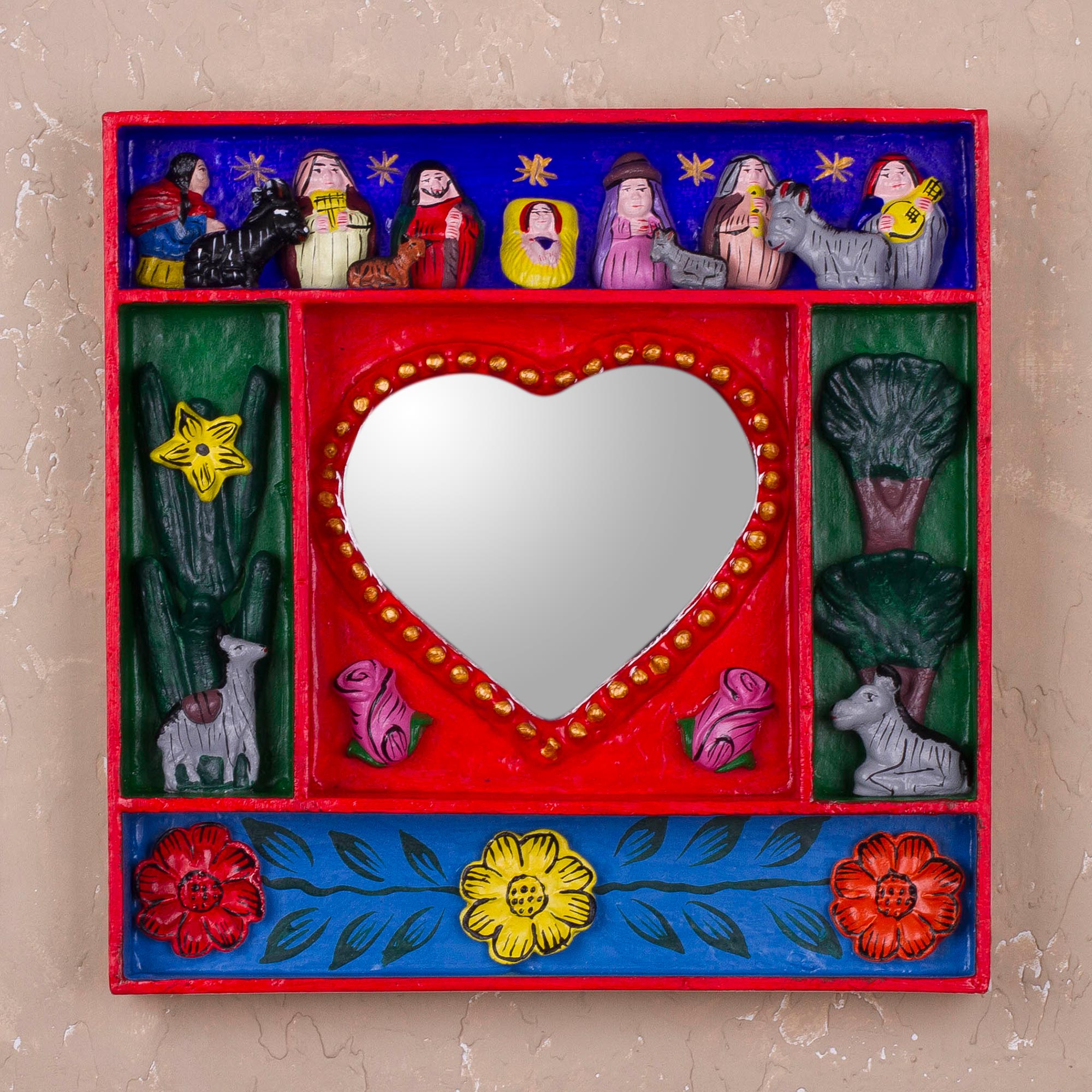 Premium Andean Love Divine Wood Retablo Mirror - Handcrafted Artistry