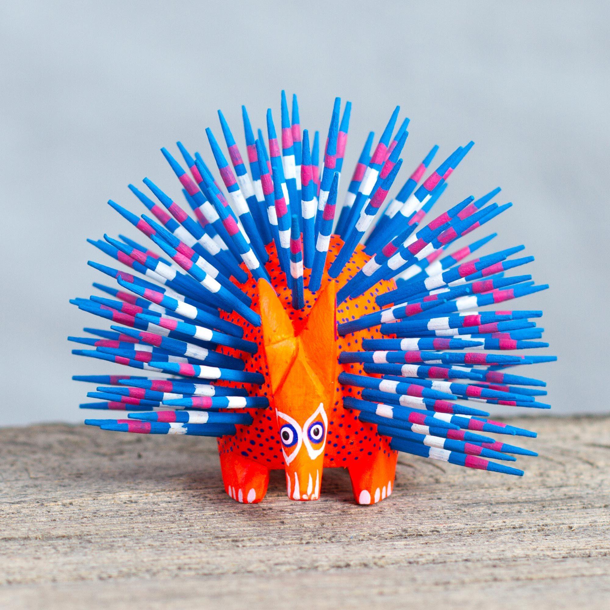Premium Handpainted Porcupine Sculpture - Blue & Red Artisan Craft