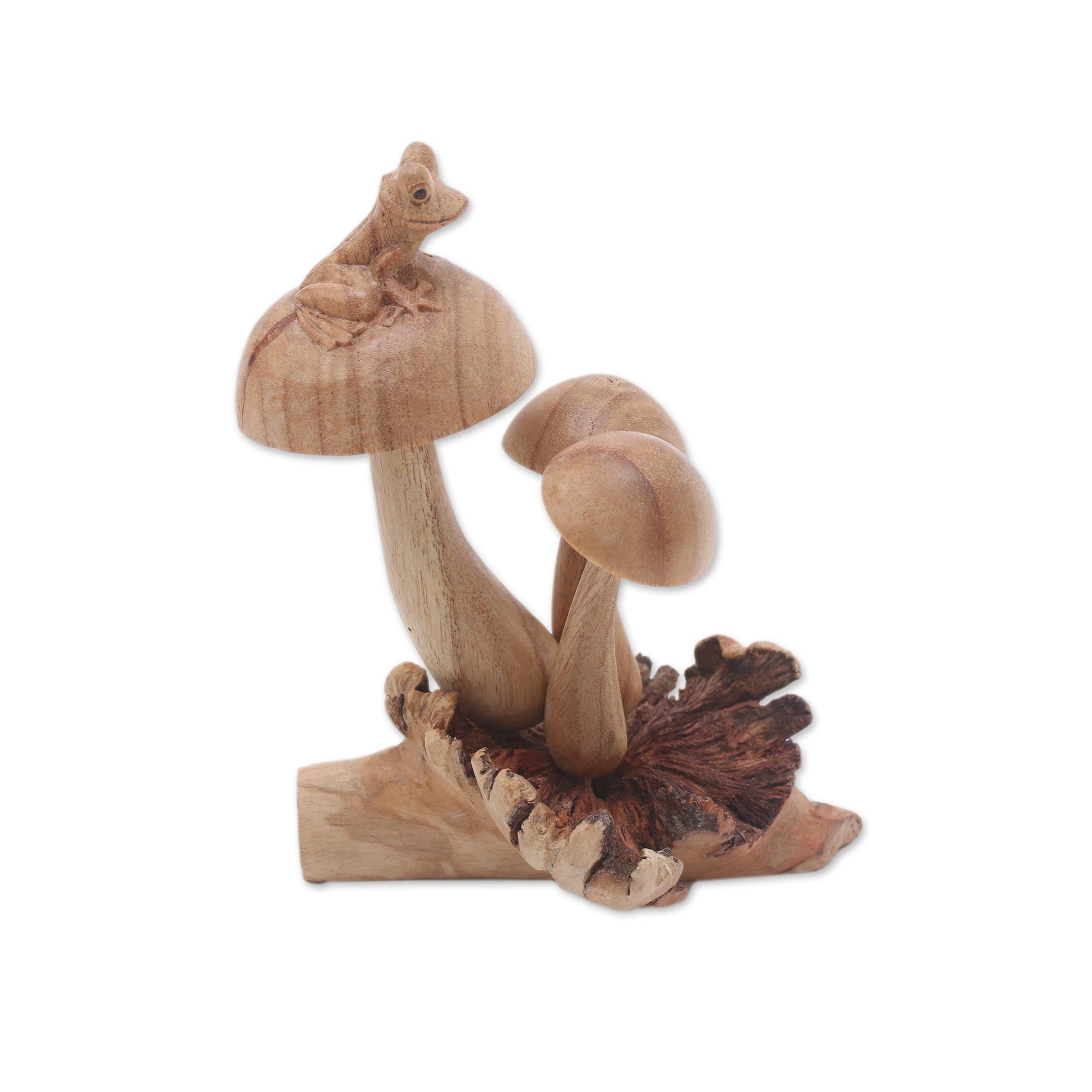 Premium Hand-Carved Tree Frog & Mushroom Sculpture - Jempinis Wood Art