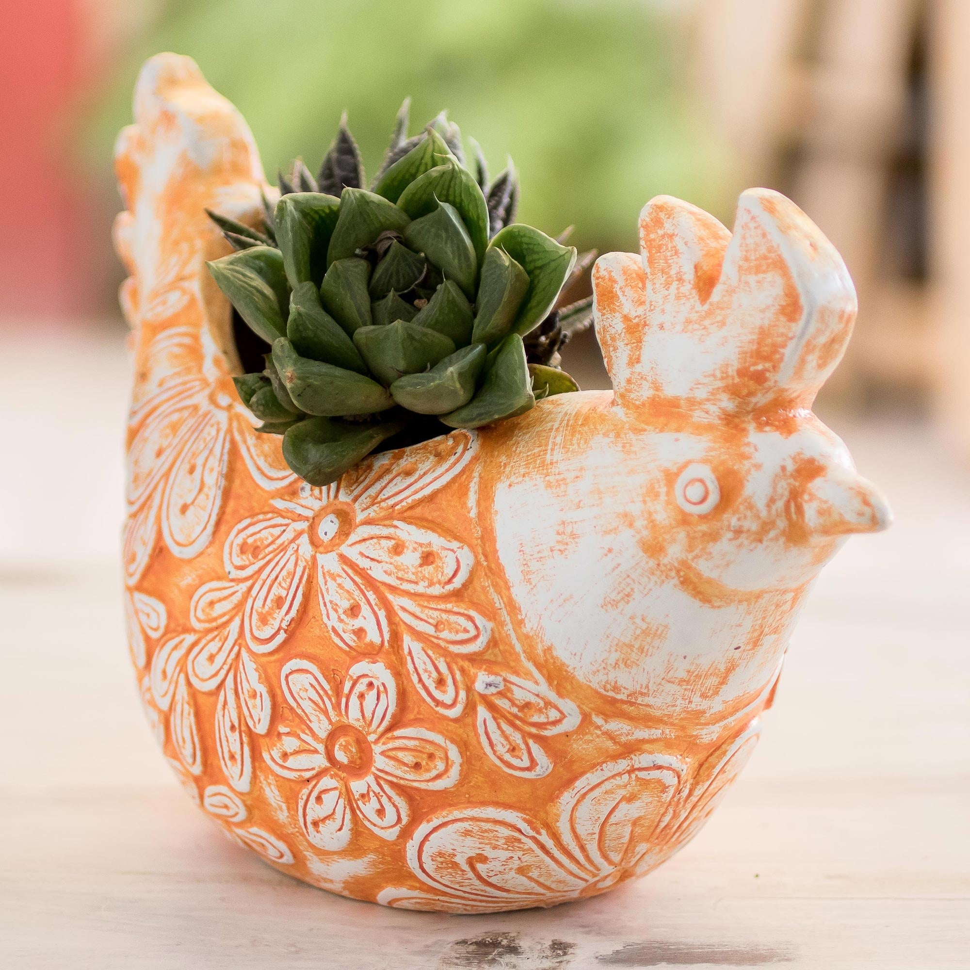 Premium Handcrafted Ginger Hen Ceramic Flower Pot - Vibrant Orange Home Decor from El Salvador