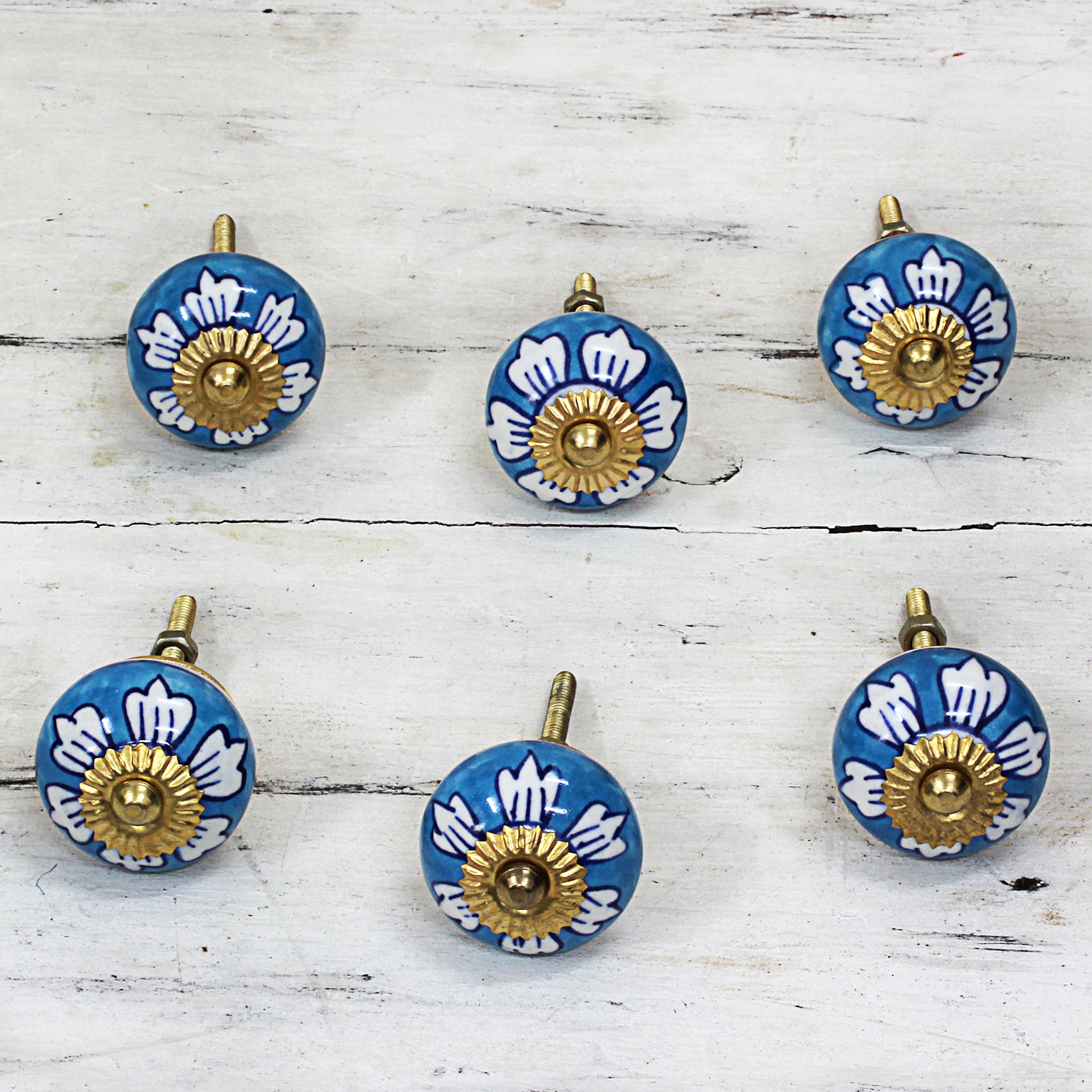 Premium Blue Floral Ceramic Cabinet Knobs - Handcrafted Set of 6