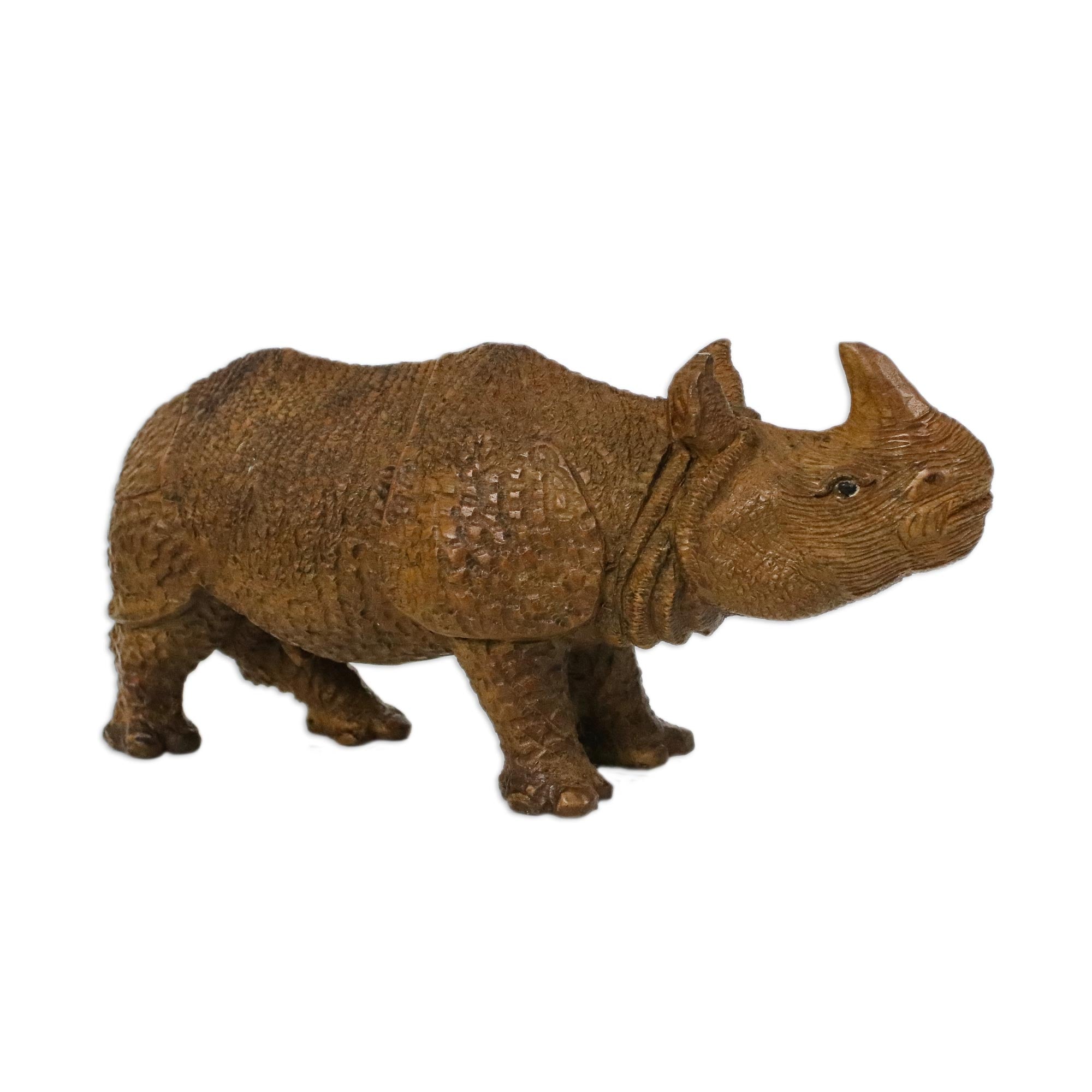 Premium Hand-Carved Raintree Wood Rhinoceros Sculpture – Curious Rhino Collection
