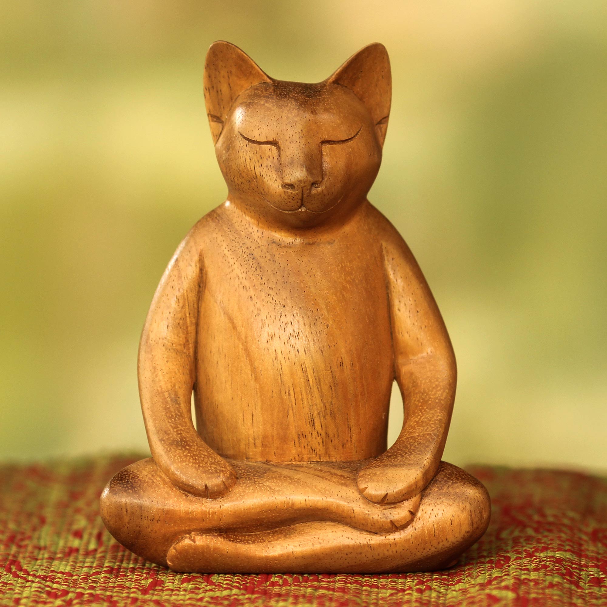 Premium Hand-Carved Suar Wood Yoga Cat Sculpture