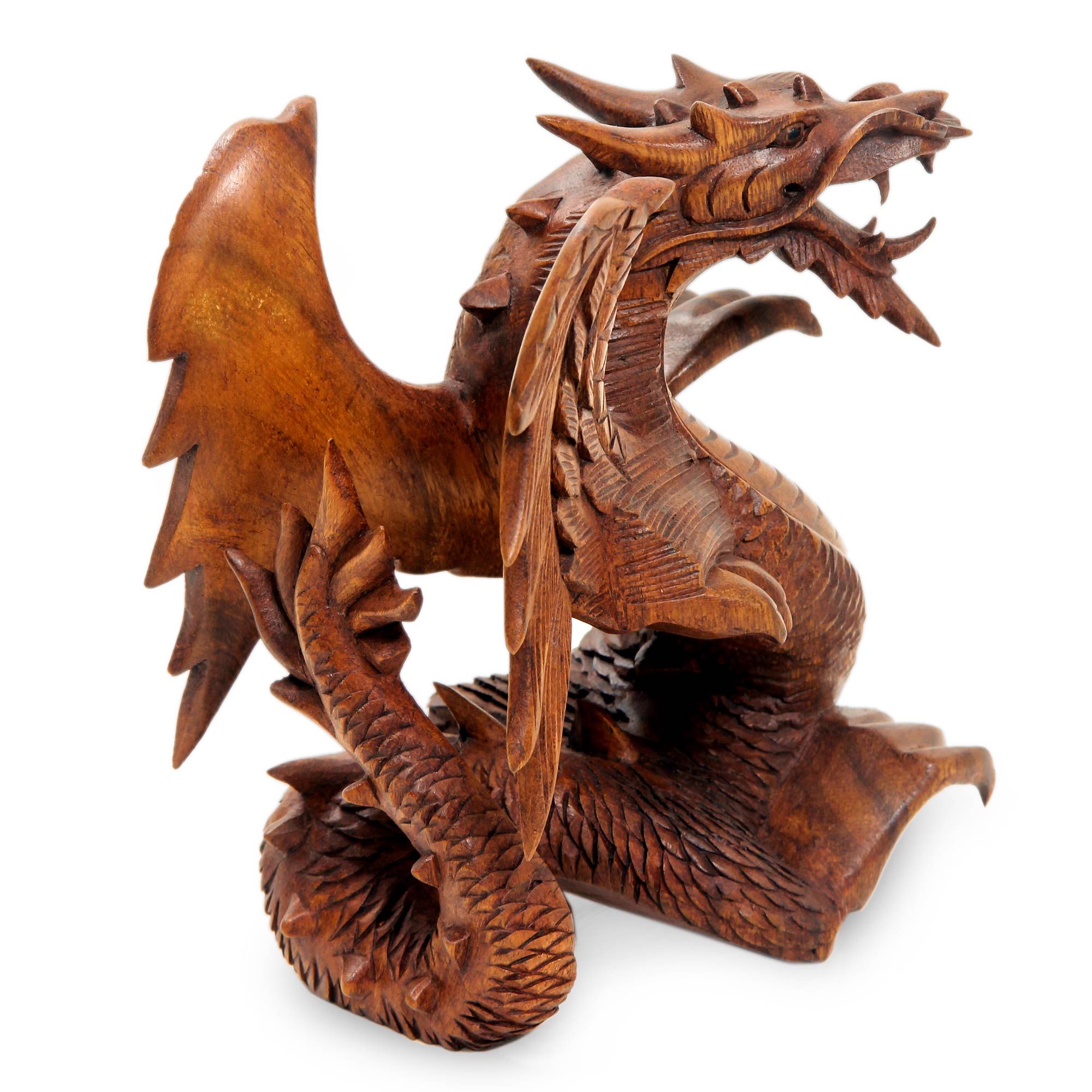 Premium Hand-Carved Winged Dragon Sculpture in Suar Wood
