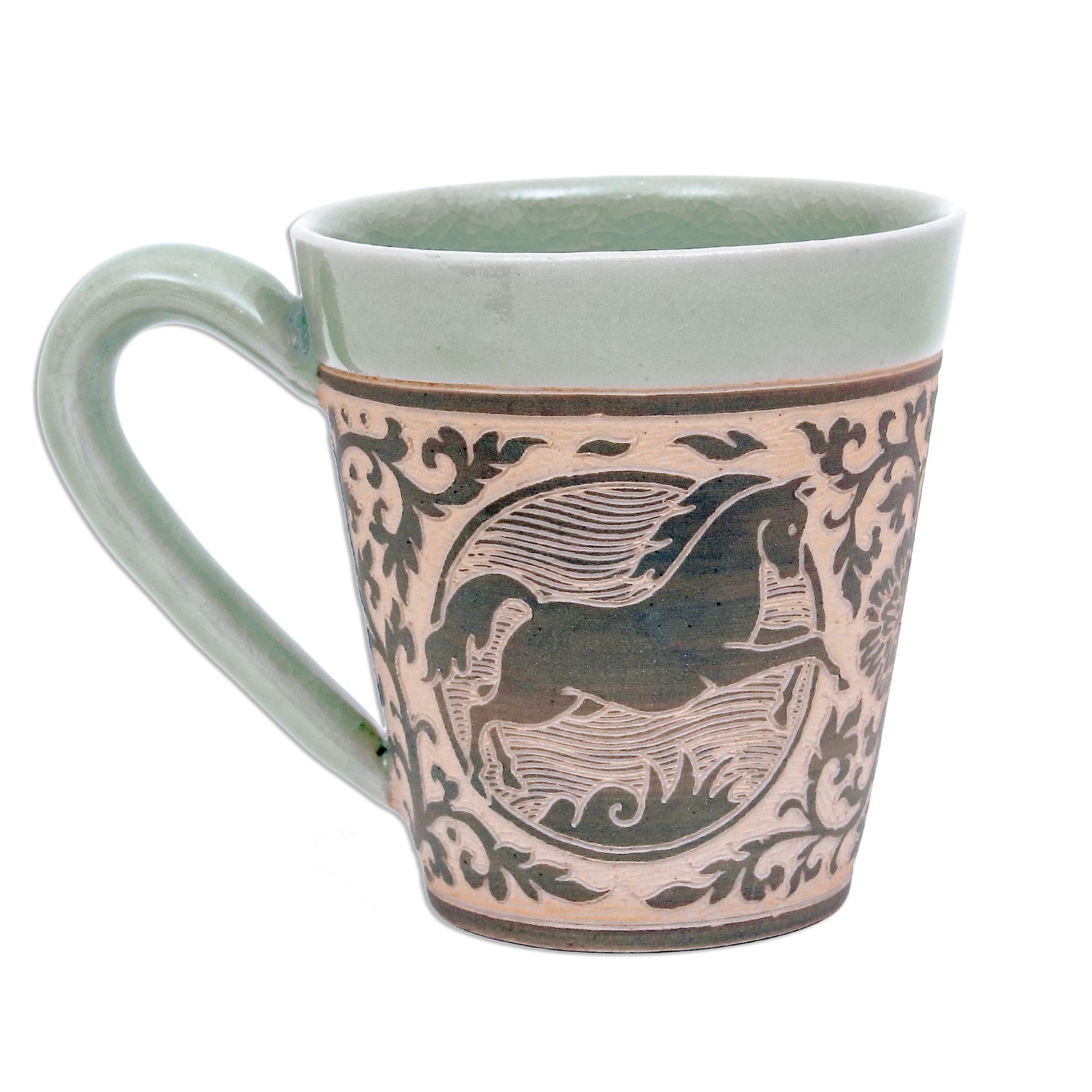 Premium Thai Celadon Horse Ceramic Mug - Handcrafted Artisan Design
