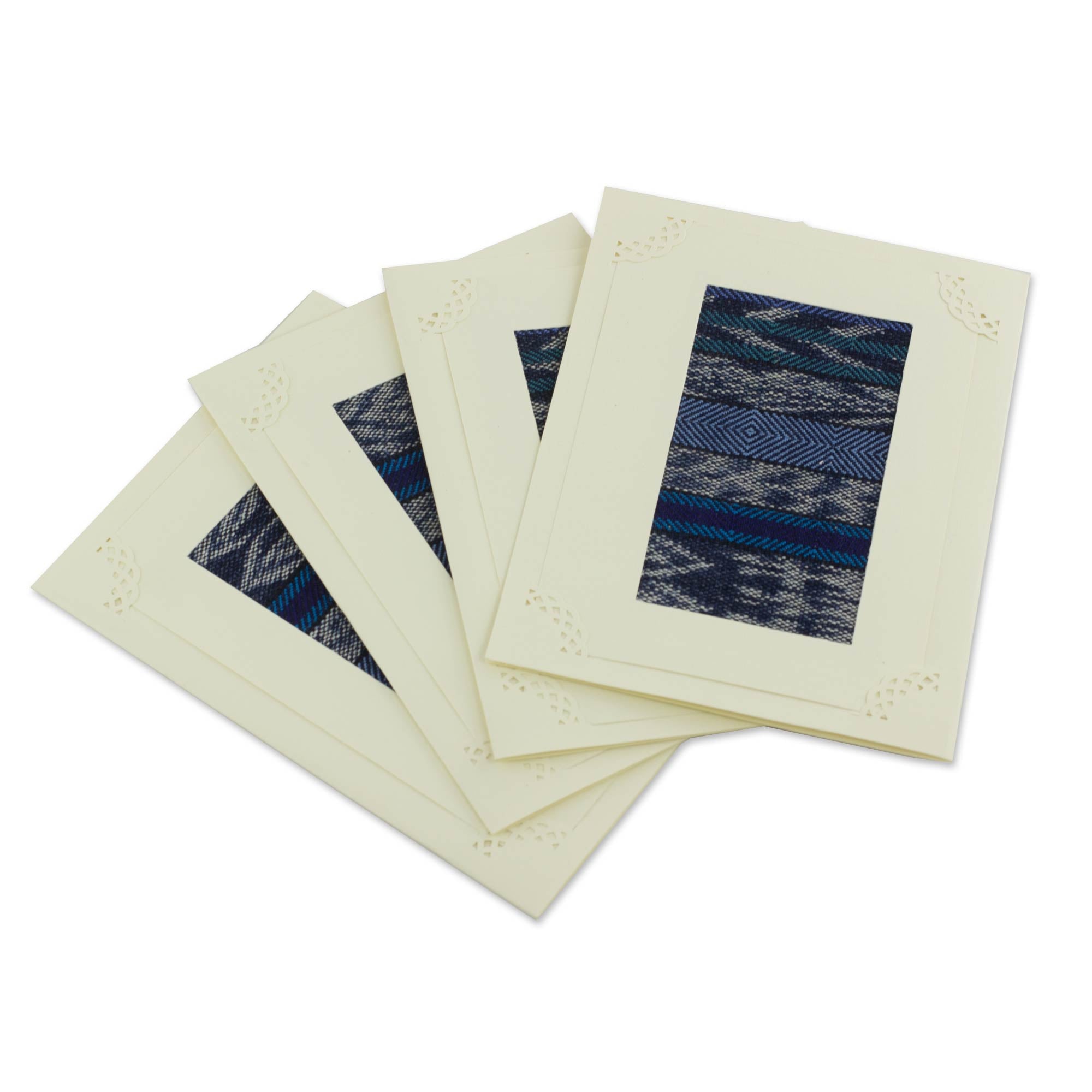 Premium Blue Maya Night Greeting Card Set with Authentic Guatemala Weaving (4-Pack)