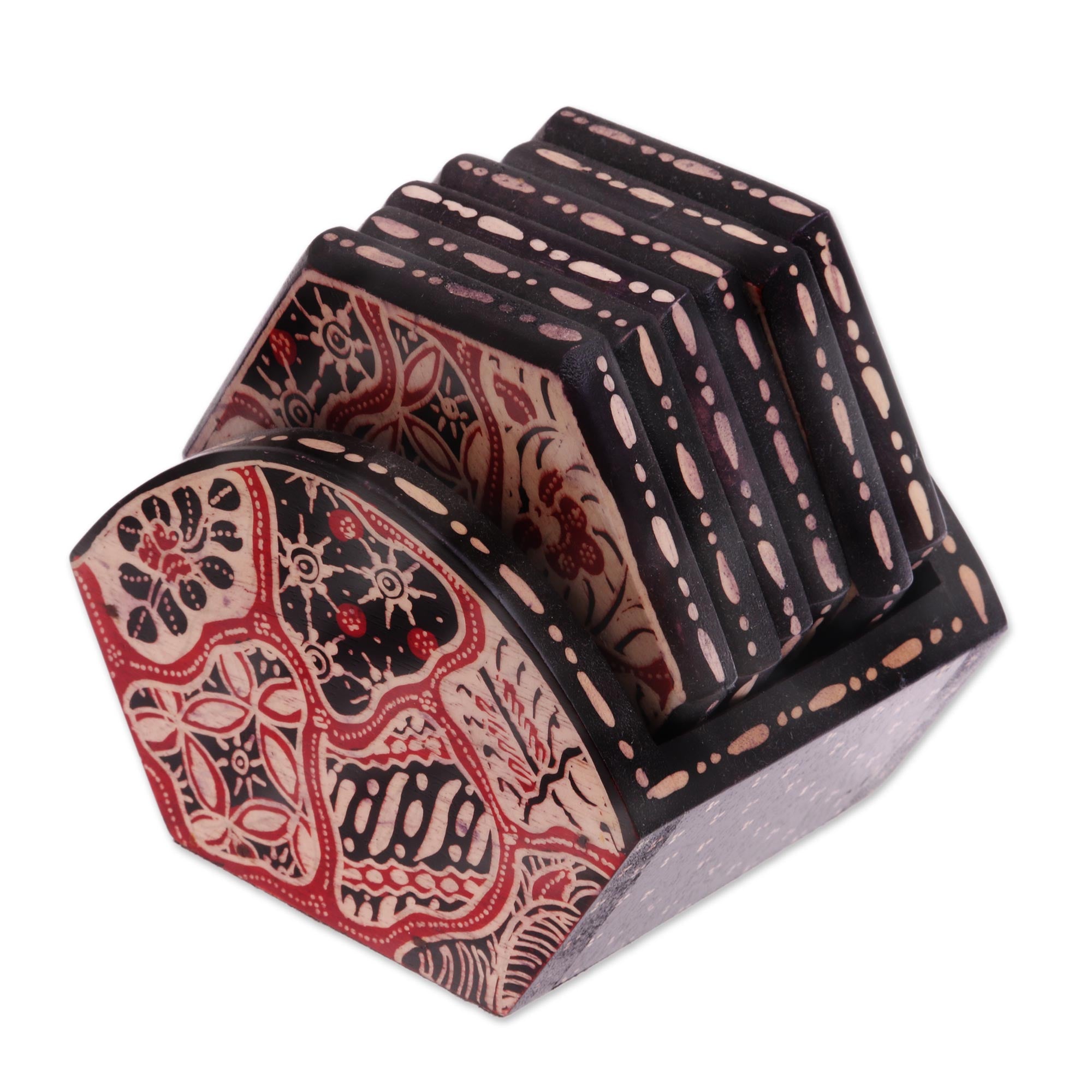 Premium Sekarjagad Batik Wood Coaster Set - Red & Black Floral Design with Holder