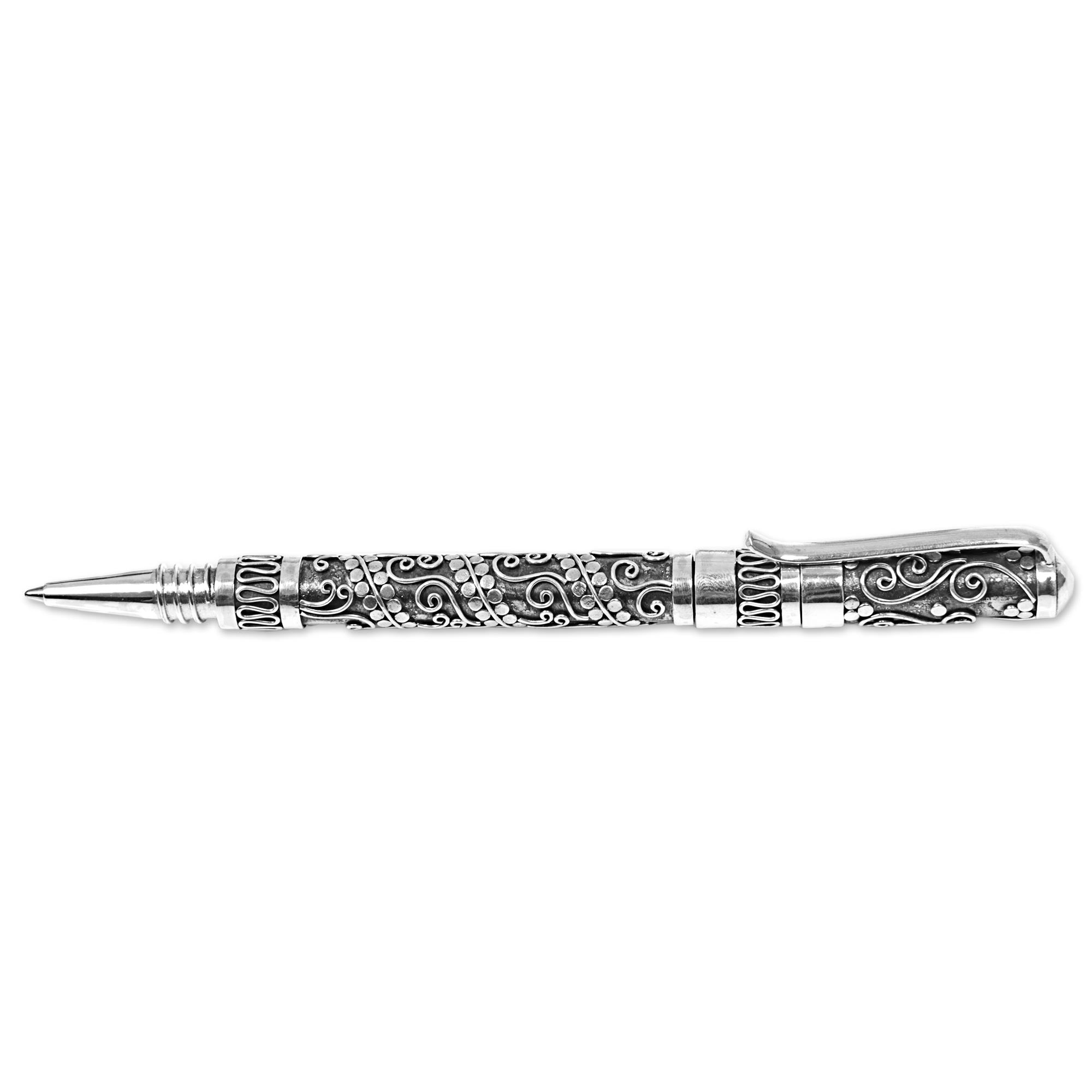 Premium Balinese Swirls Sterling Silver Ballpoint Pen - Handcrafted in Indonesia