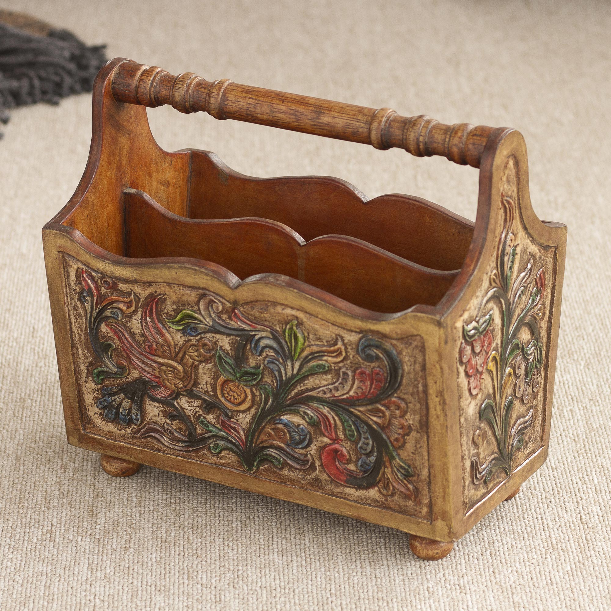 Premium Hand-Tooled Leather Magazine Rack with Mohena Wood Handle