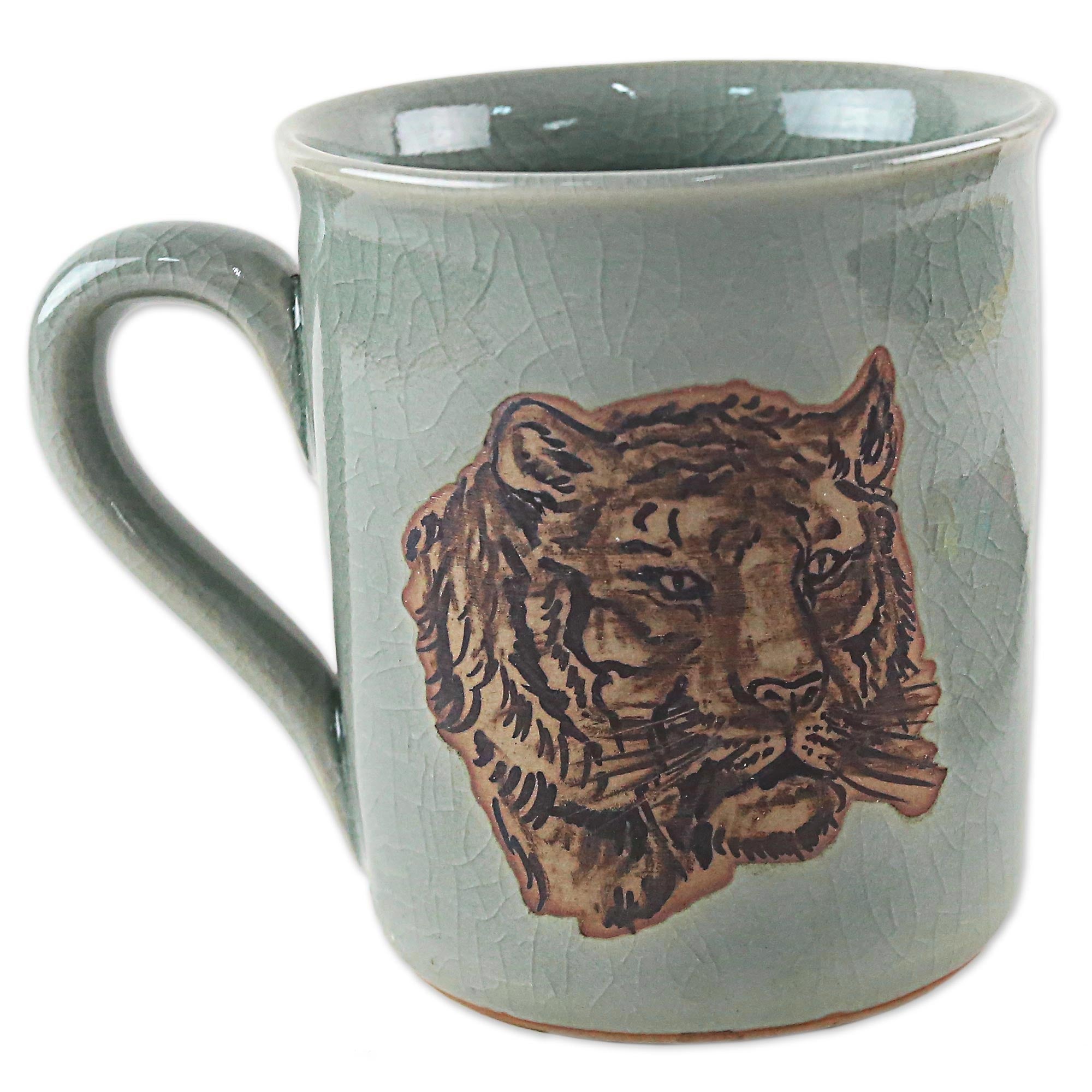 Premium Hand-Painted Celadon Tiger Mug – Thai Artisan Crafted