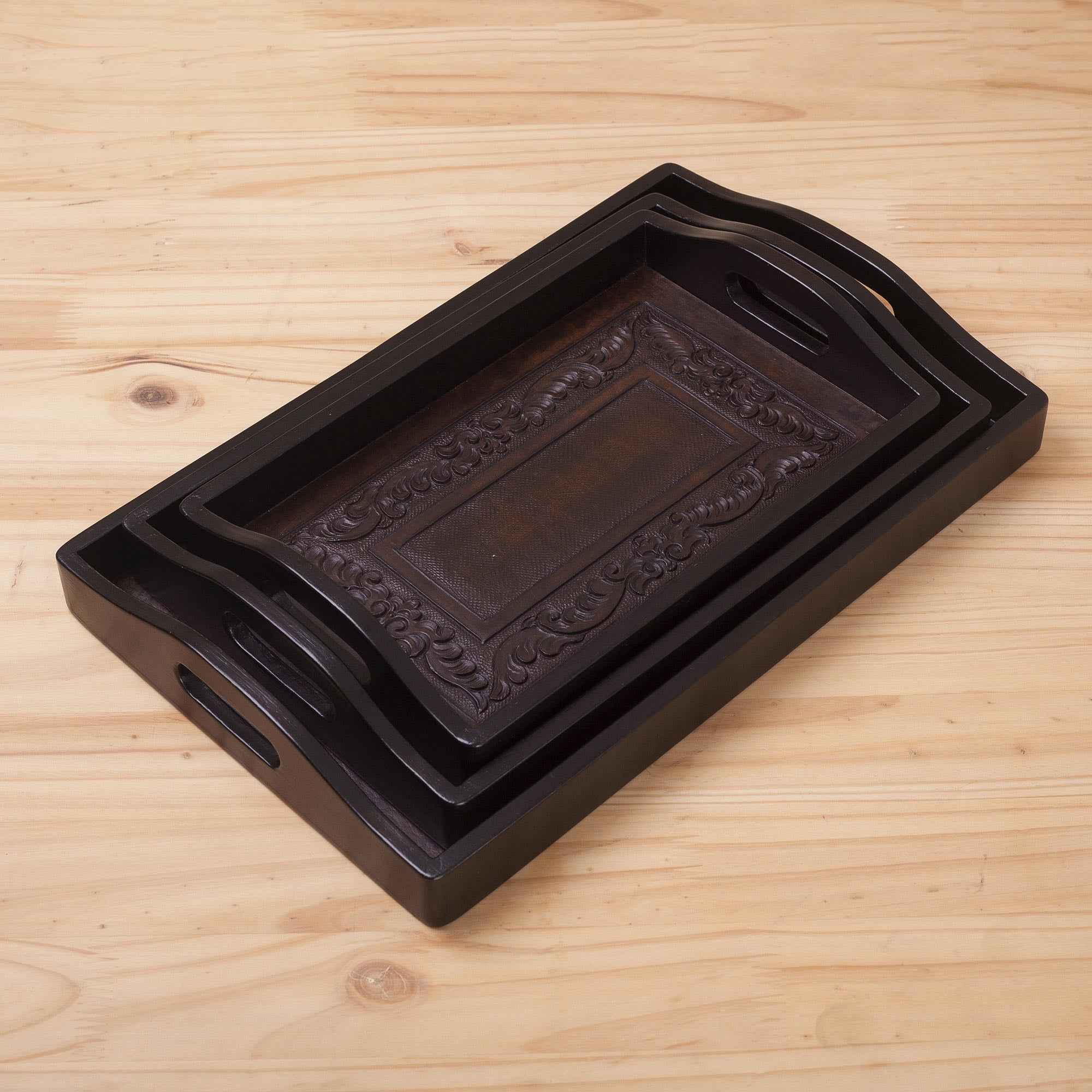 Premium Leather and Cedar Wood Serving Tray Set - Ultimate Collection (Set of 3)