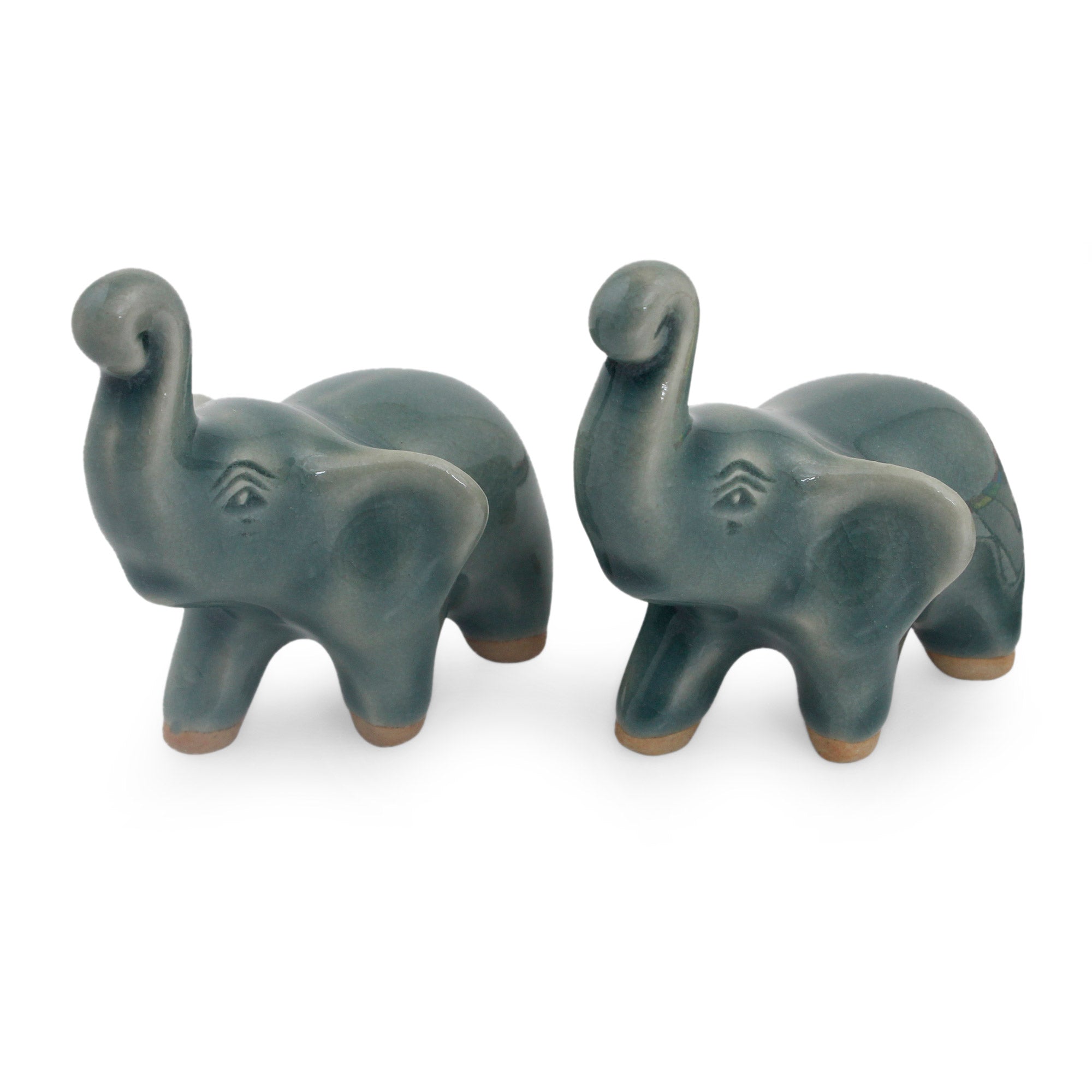 Premium Handcrafted Blue Celadon Elephant Figurines - Lucky Blue Elephants Duo