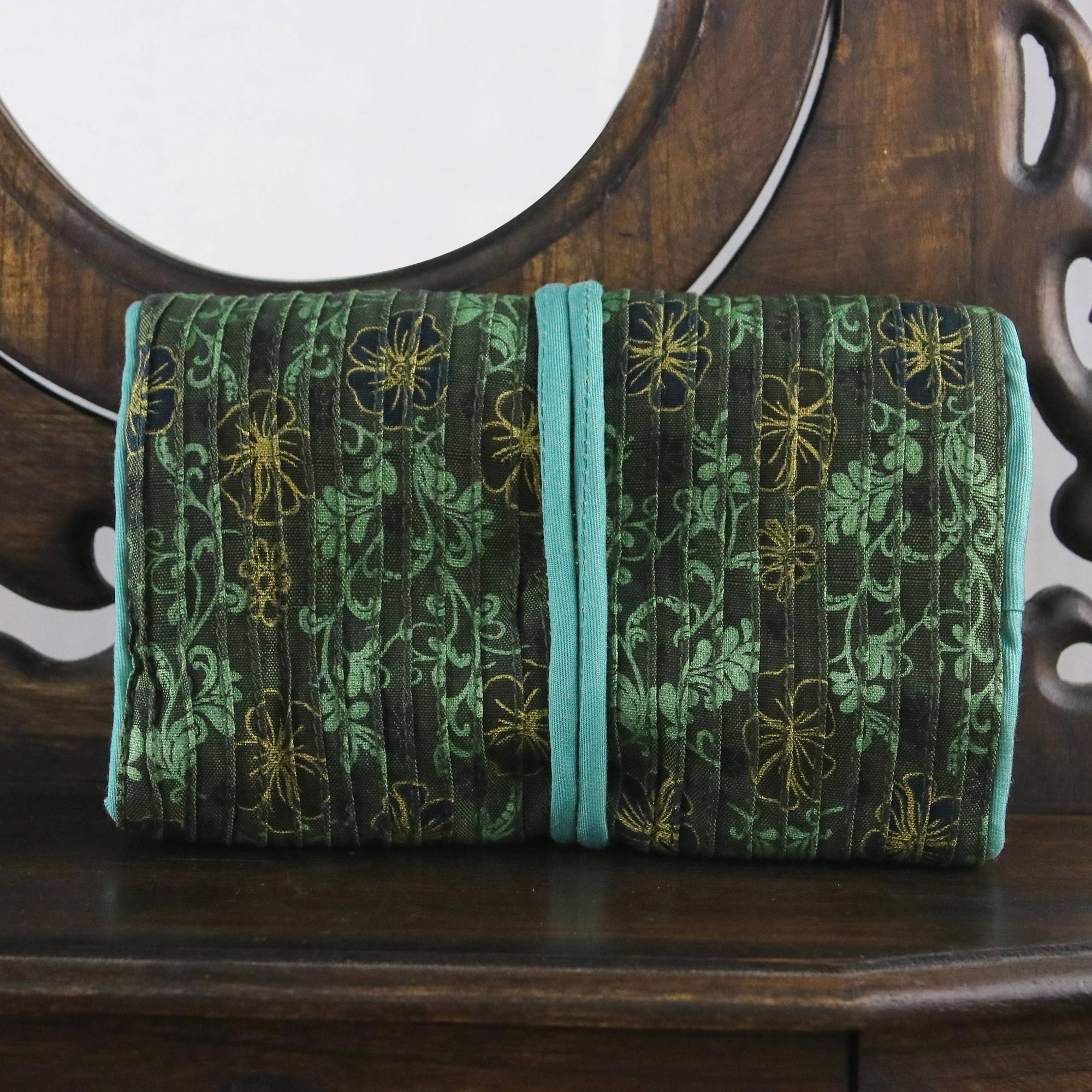Premium Floral Jewelry Roll - Rayon & Silk Blend in Sage Green by Thai Artisan Vinita