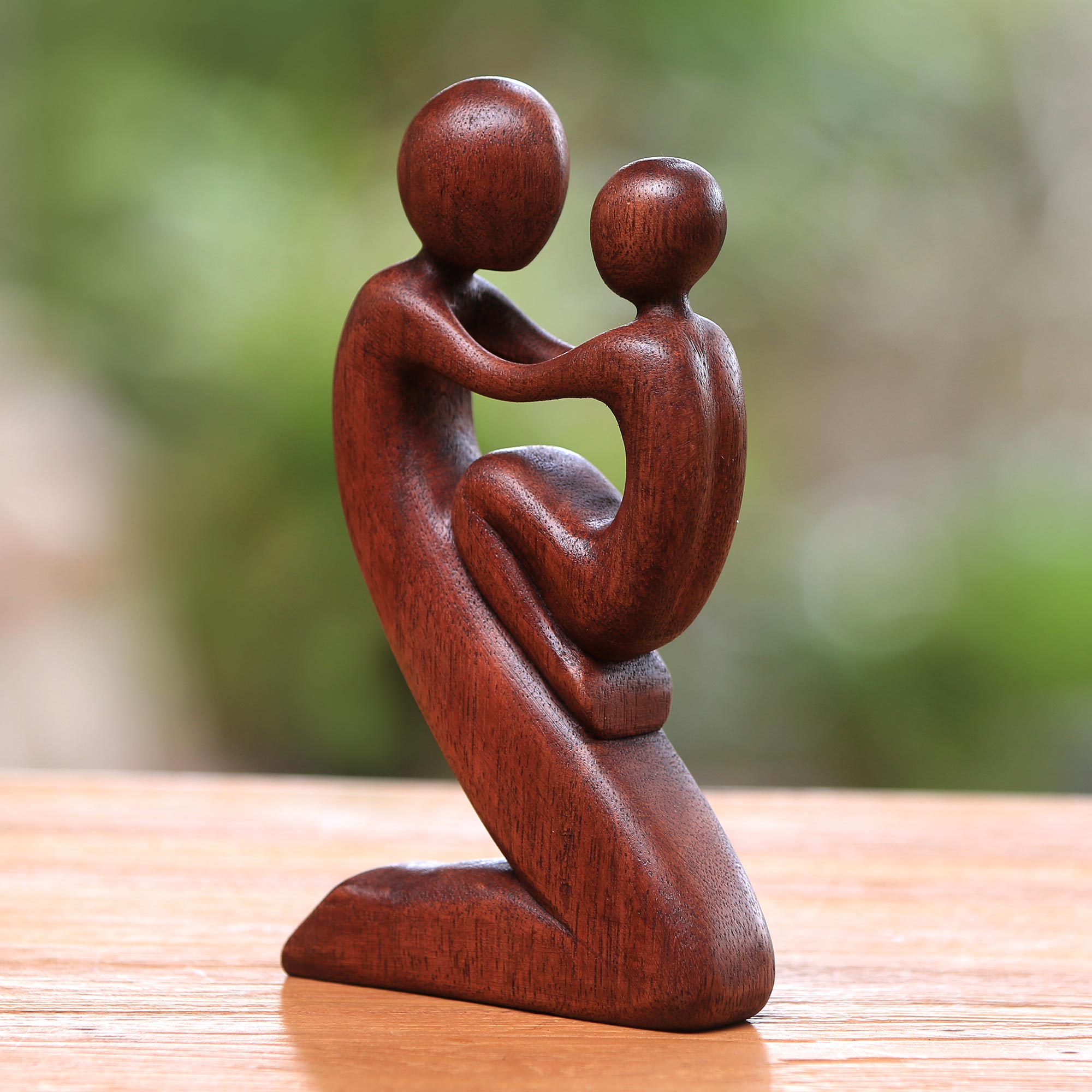 Premium Hand-Carved Suar Wood Father & Child Sculpture - Bali Artisan Craft
