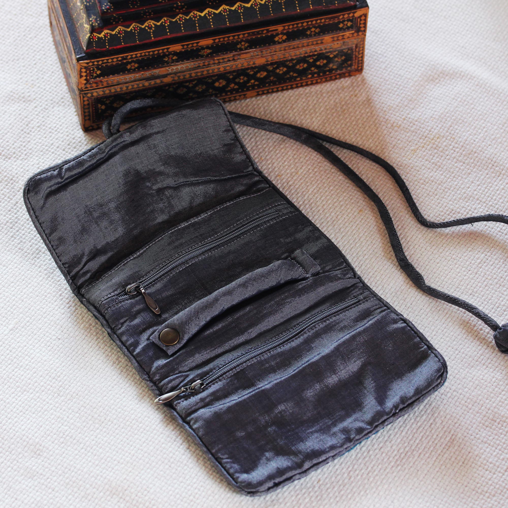 Premium Black & Grey Silk Jewelry Roll - Handcrafted by Thai Artisans