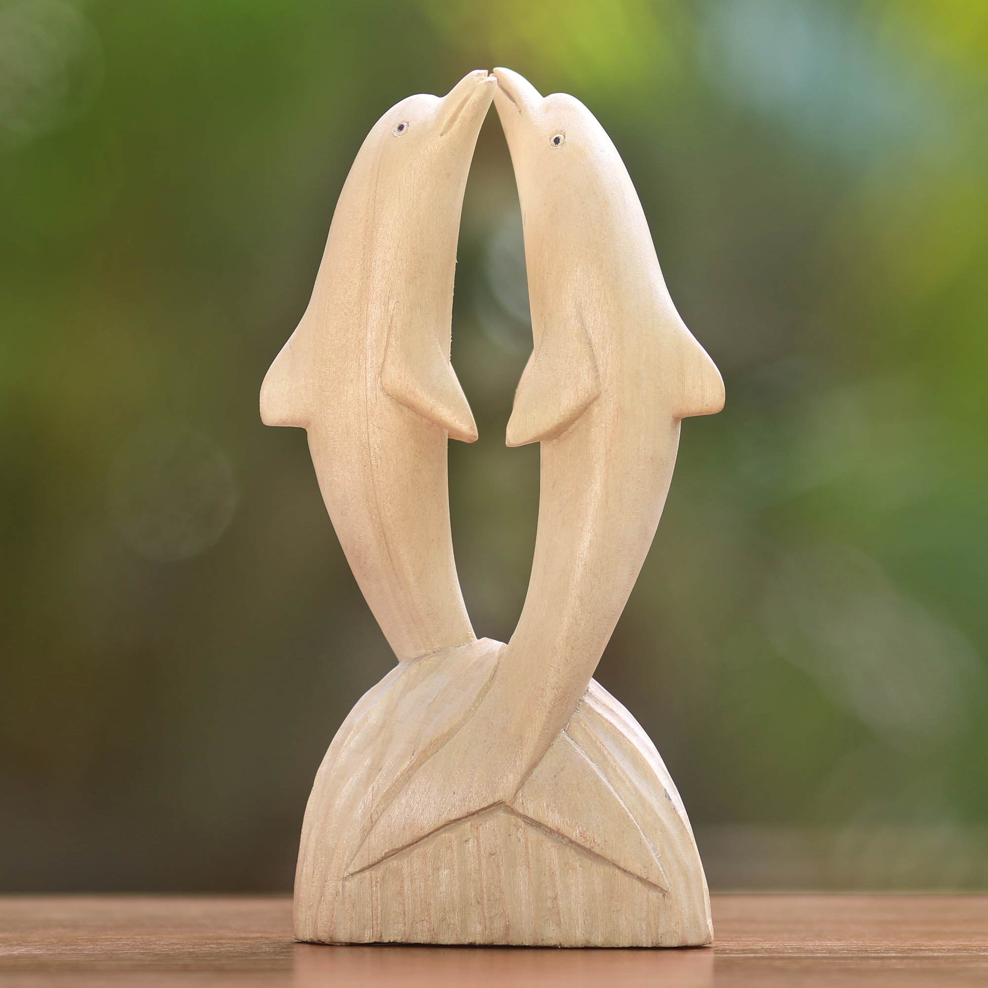 Premium Hand-Carved Hibiscus Wood Dolphin Statuette - Natural Finish