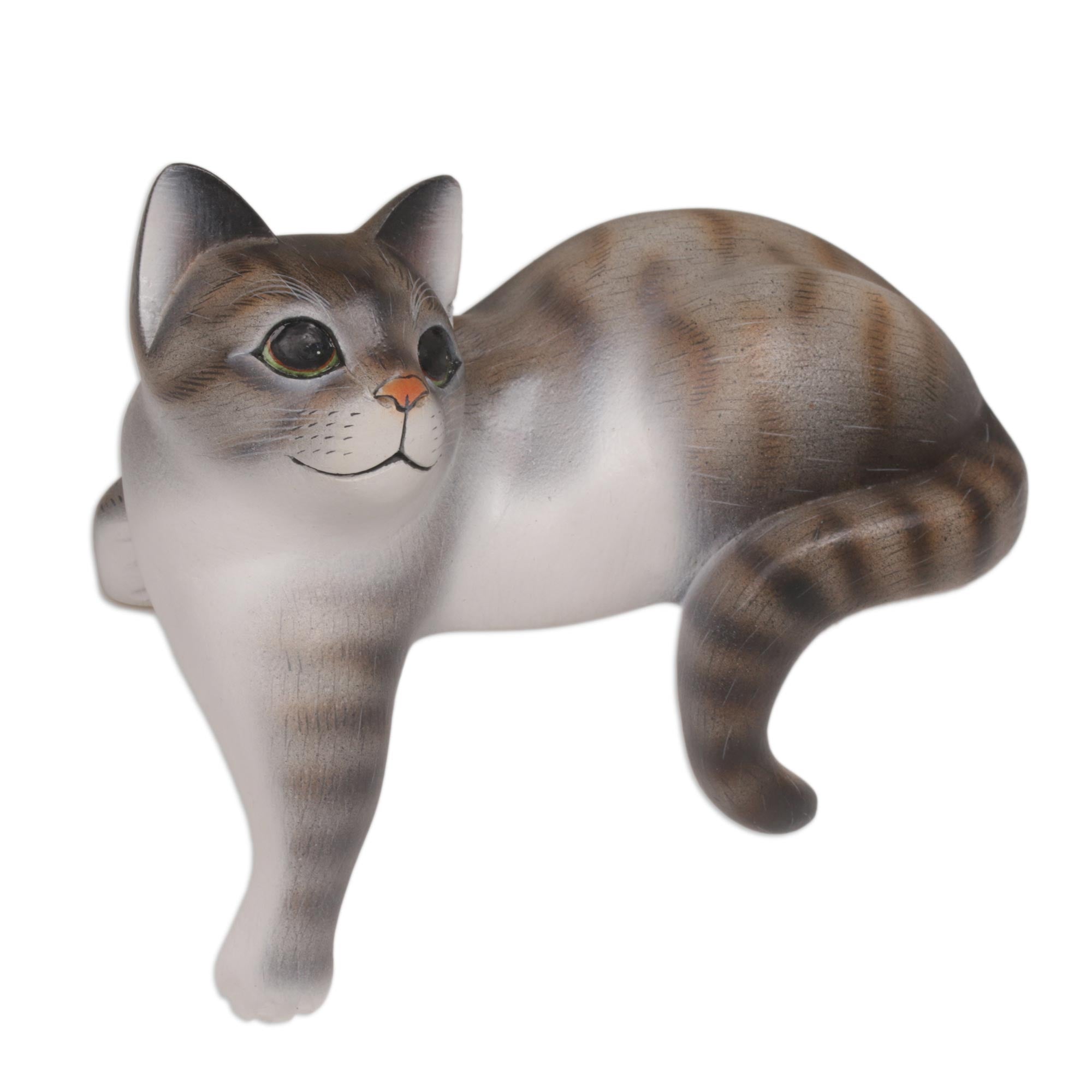 Premium Hand-Carved Grey Cat Sculpture - Balinese Suar Wood Art Piece