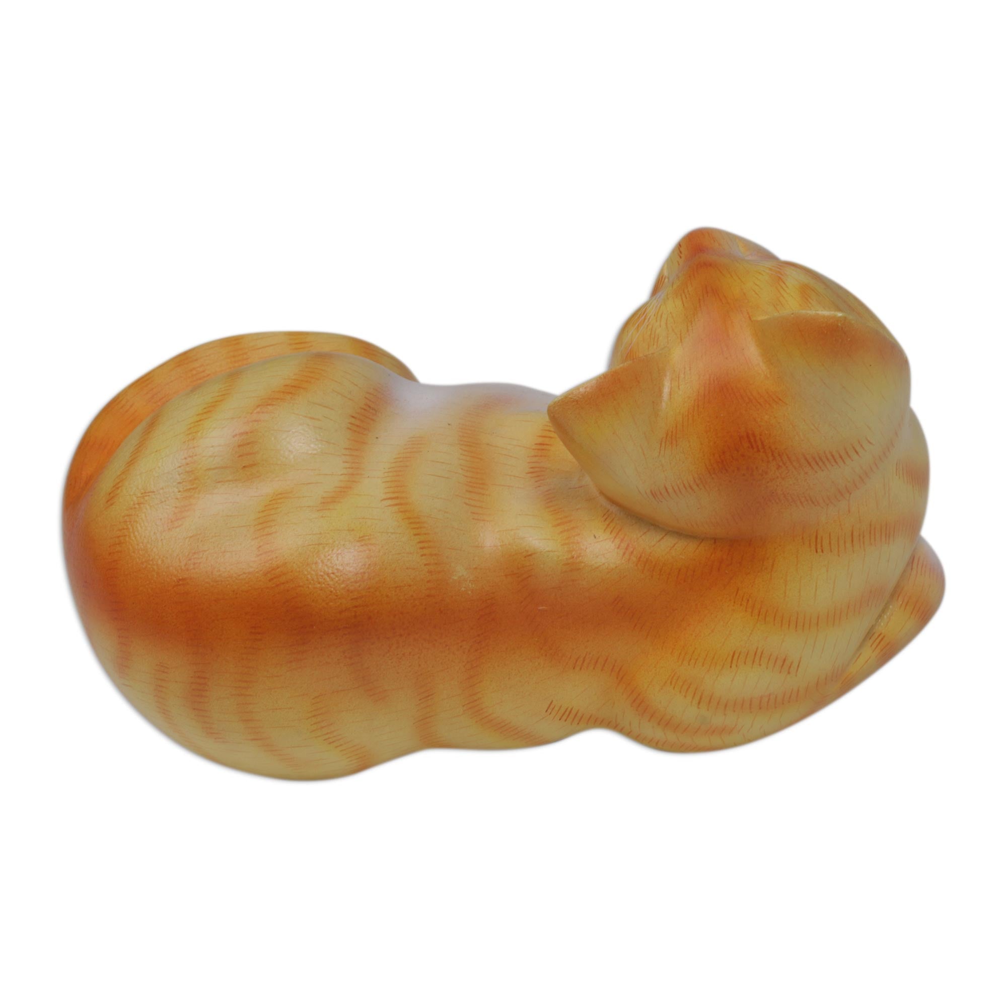 Premium Hand-Carved Orange Cat Sculpture - Authentic Bali Suar Wood Art