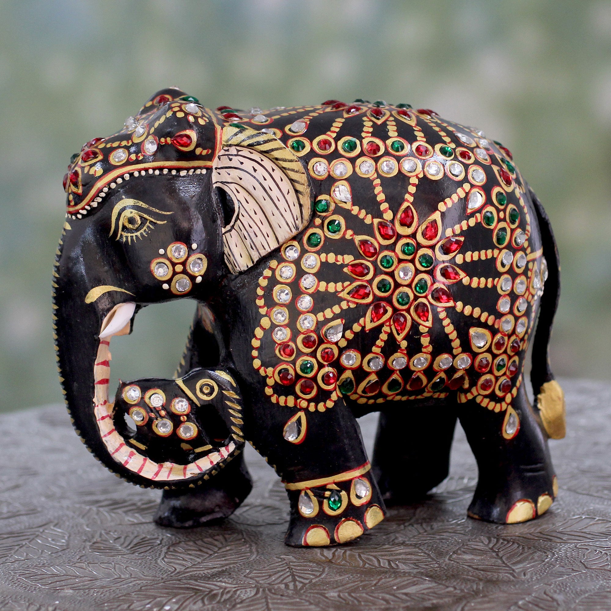 Premium Majestic Mama Elephant Statuette - Handcrafted Bejeweled Art Piece
