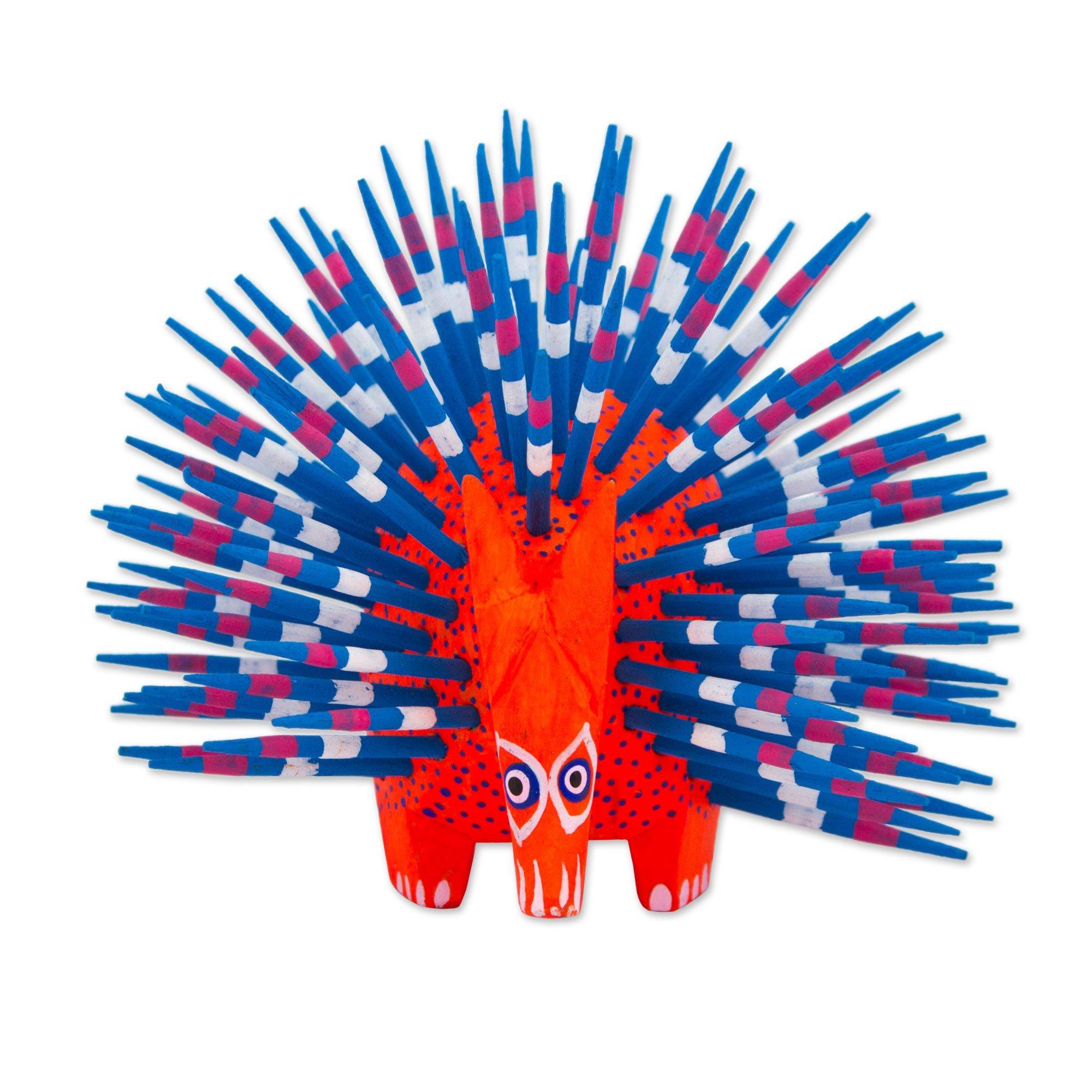 Premium Handpainted Porcupine Sculpture - Blue & Red Artisan Craft