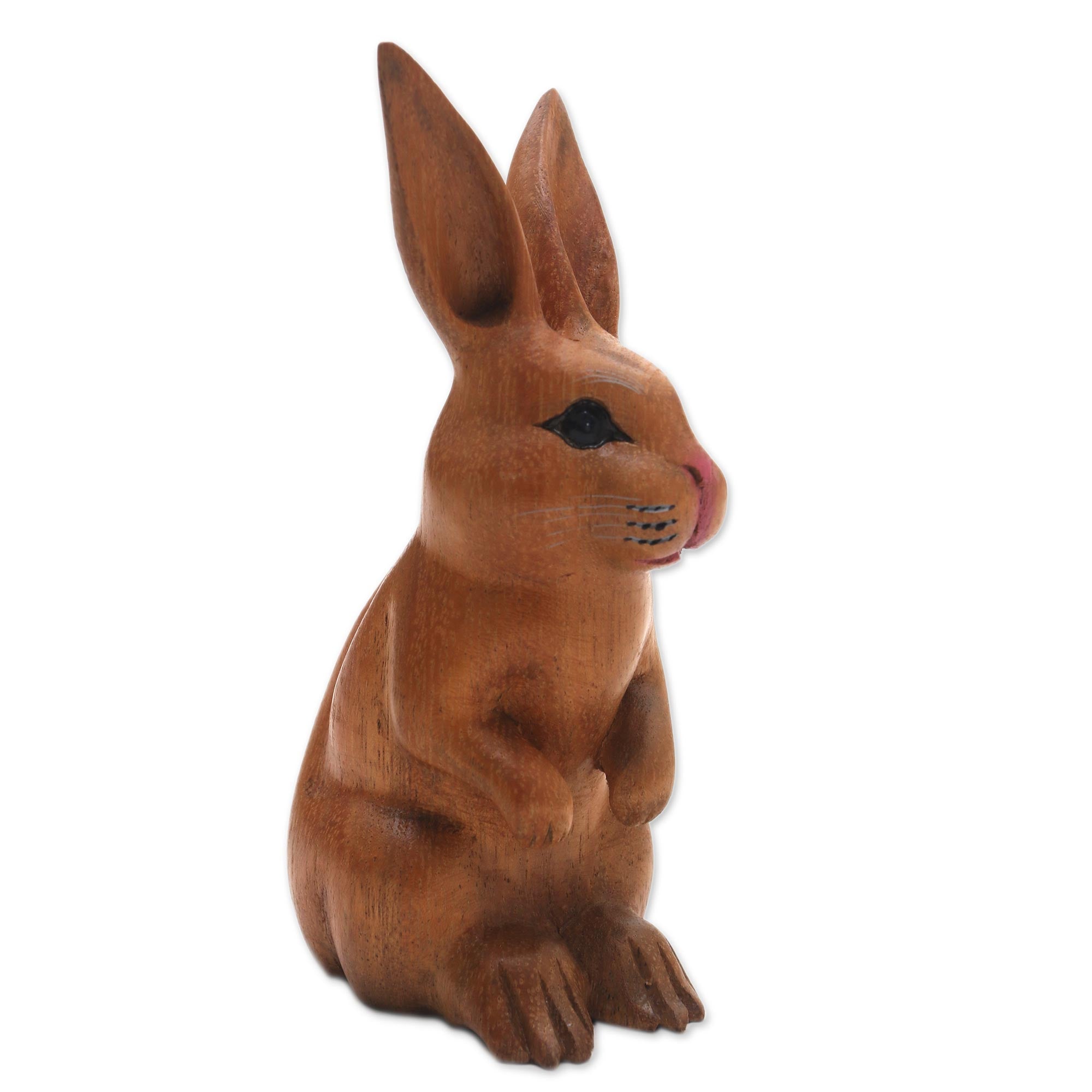 Premium Hand-Carved Brown Bunny Sculpture from Bali - Signed Artisan Piece