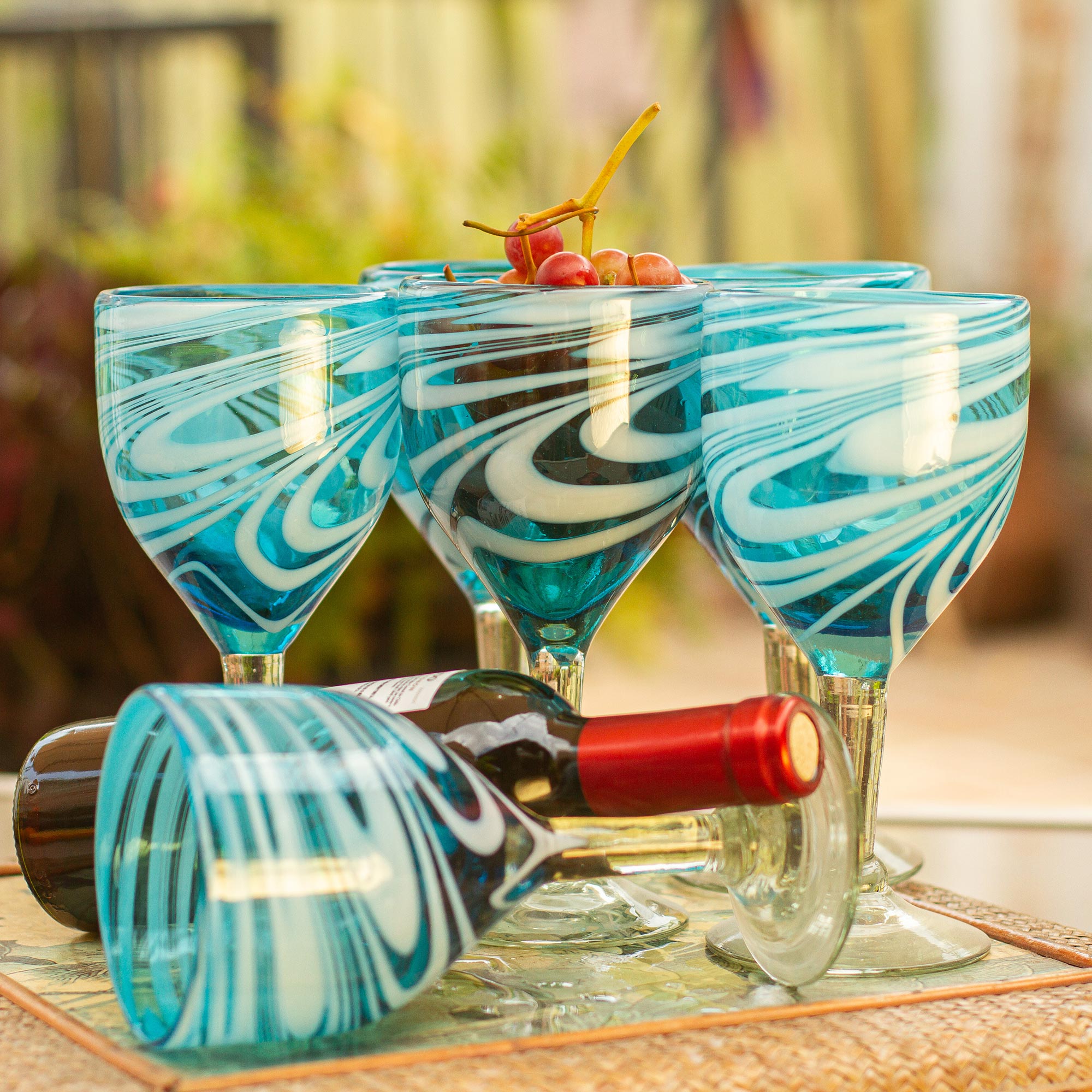 Premium Hand-Blown Aquamarine Wine Glasses Set - Artisan Crafted in Mexico