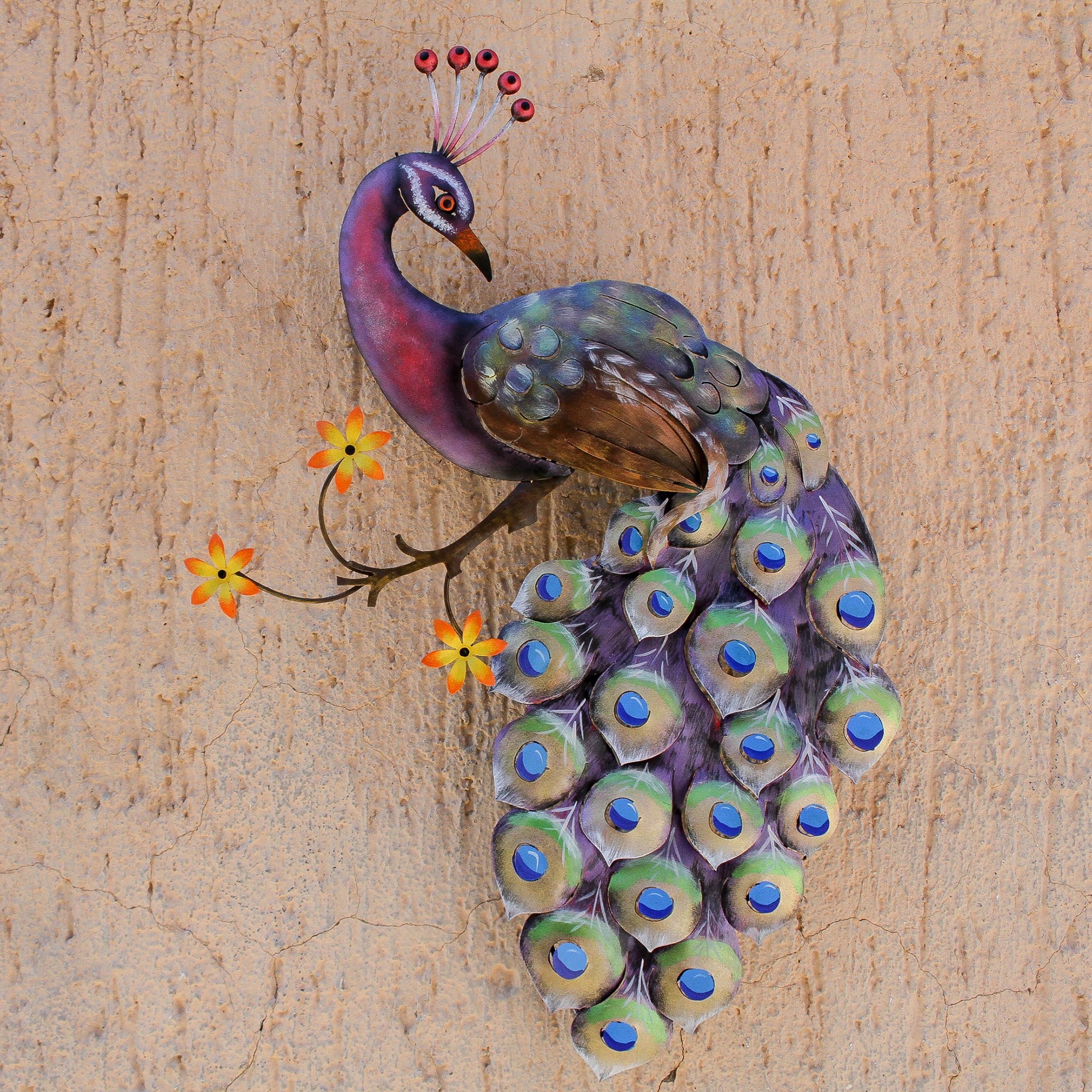 Premium Handcrafted Sunset Peacock Steel Wall Art from Mexico