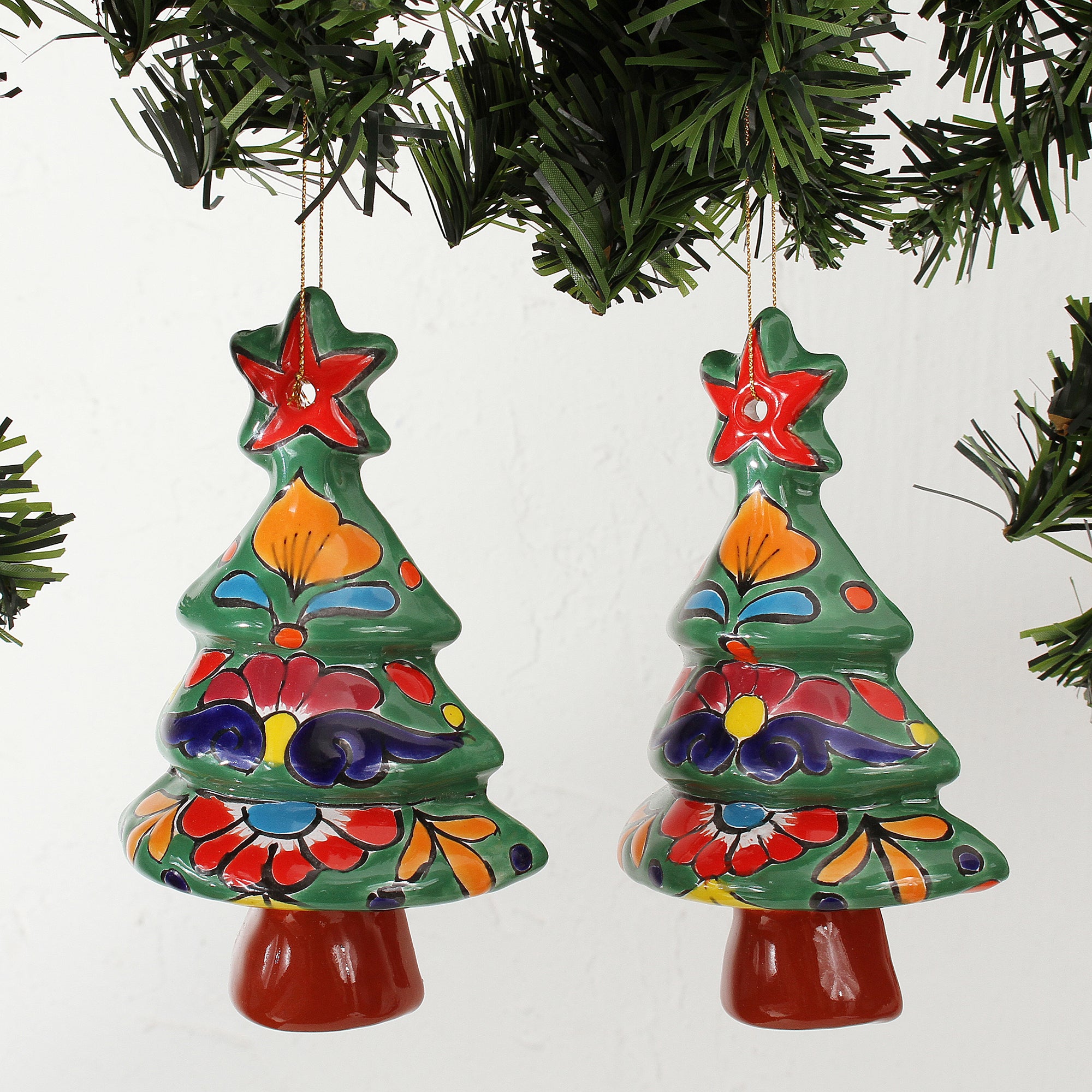 Premium Talavera Floral Ceramic Christmas Ornaments - Handcrafted Pair from Mexico