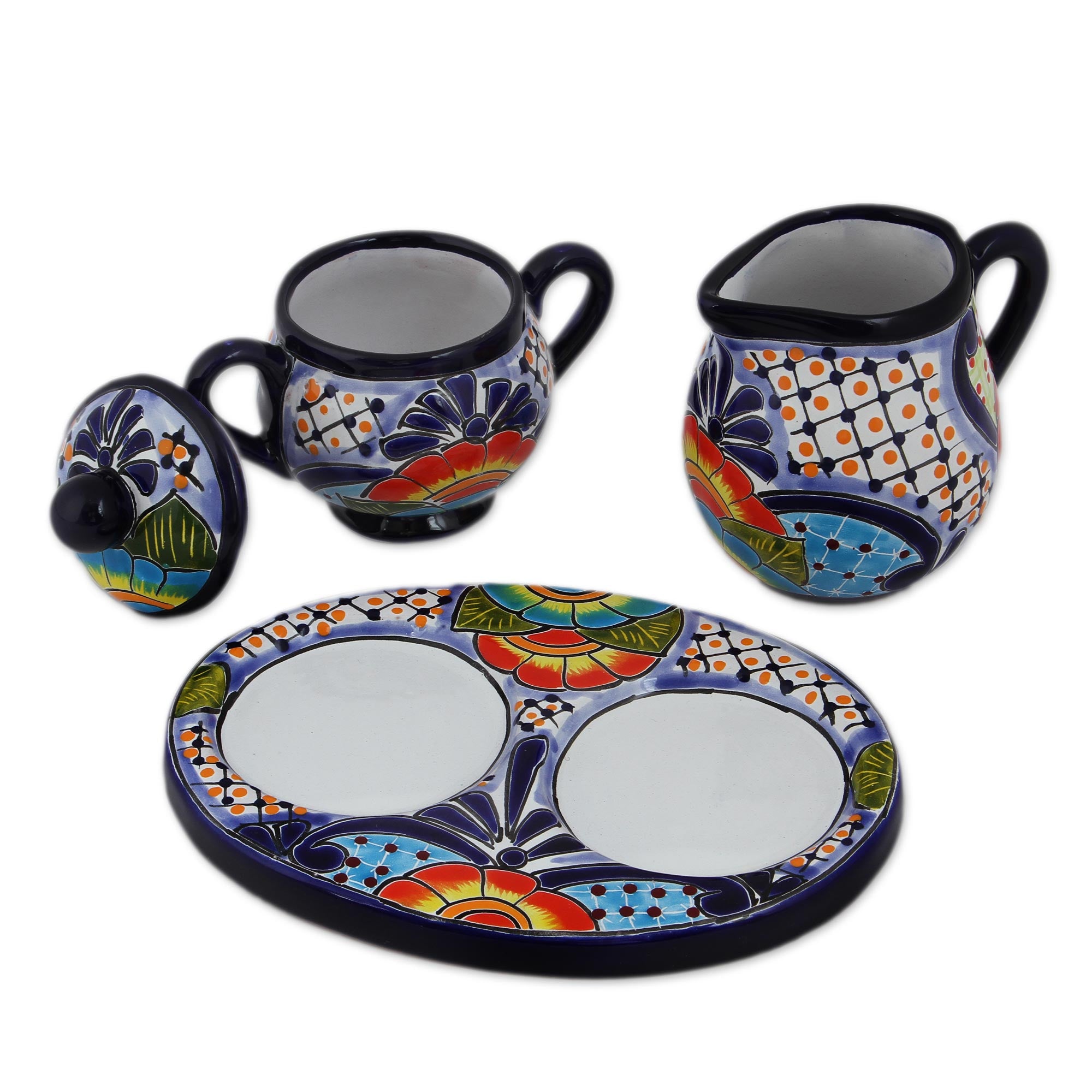 Premium Raining Flowers Talavera Ceramic Set – Handcrafted Creamer & Sugar Bowl with Tray