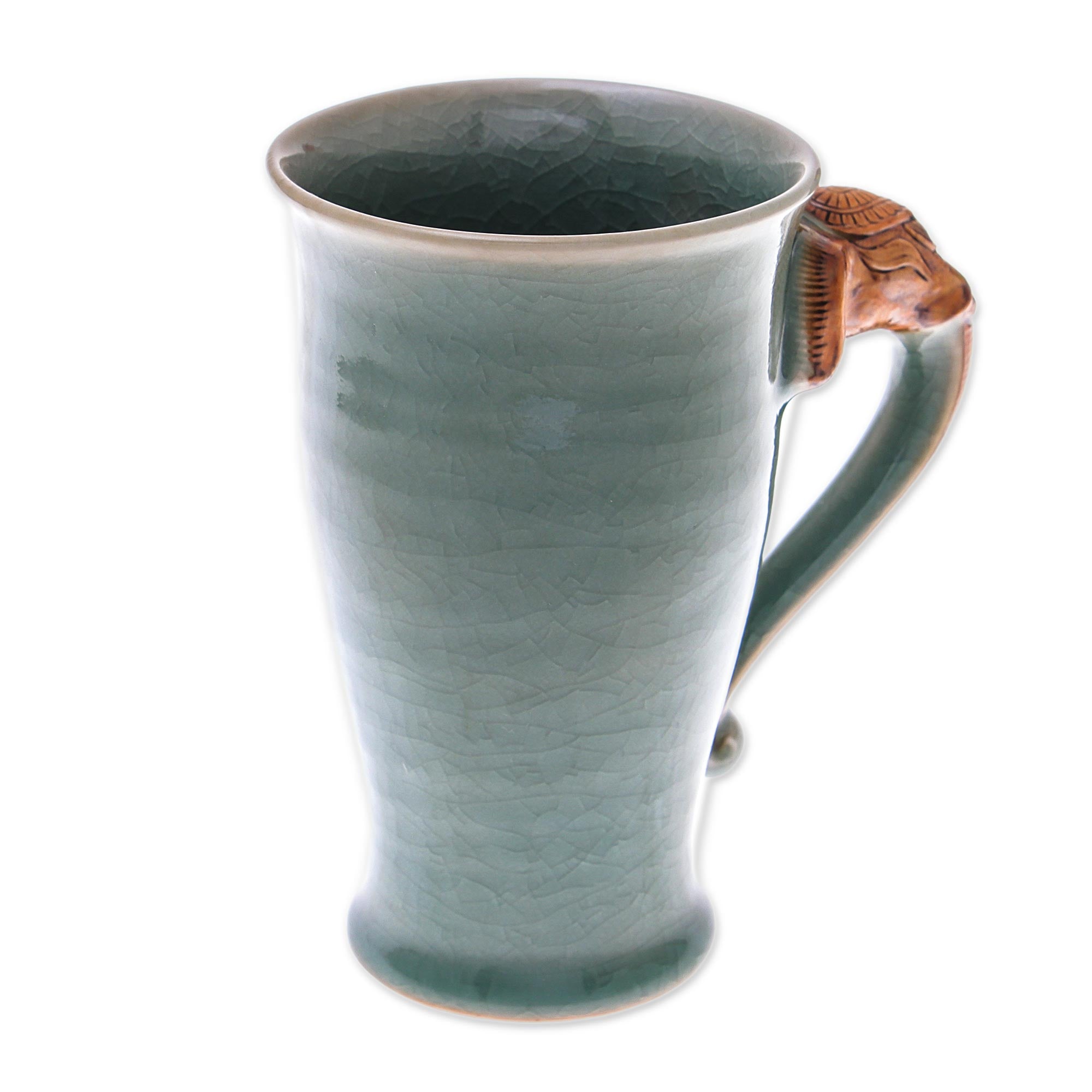 Premium Elephant Ceramic Mug - Green Crackled Celadon with Handcrafted Elephant Handle