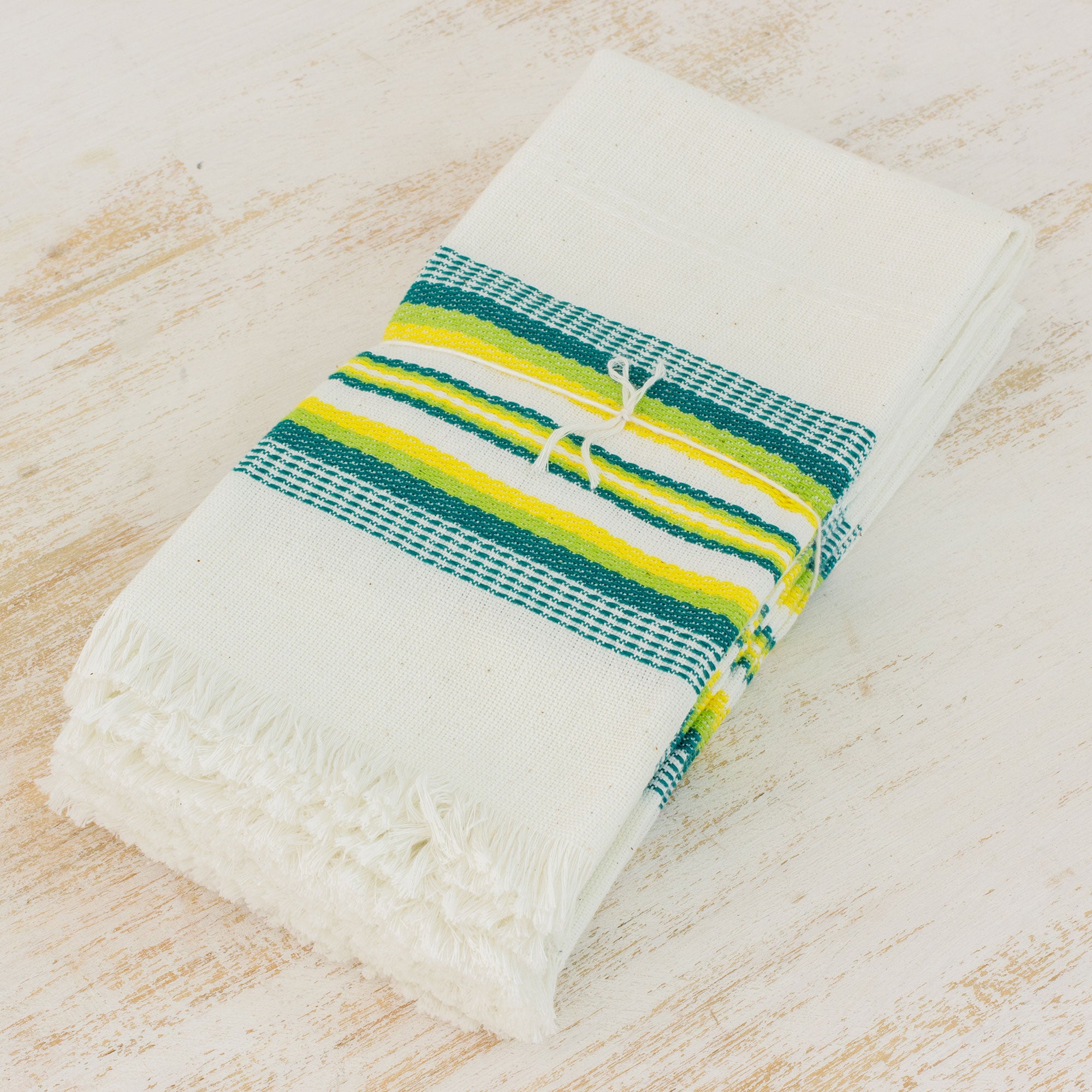 Premium Handwoven Cotton Napkins from Guatemala - Set of 6 (Multicolor Green & Yellow)