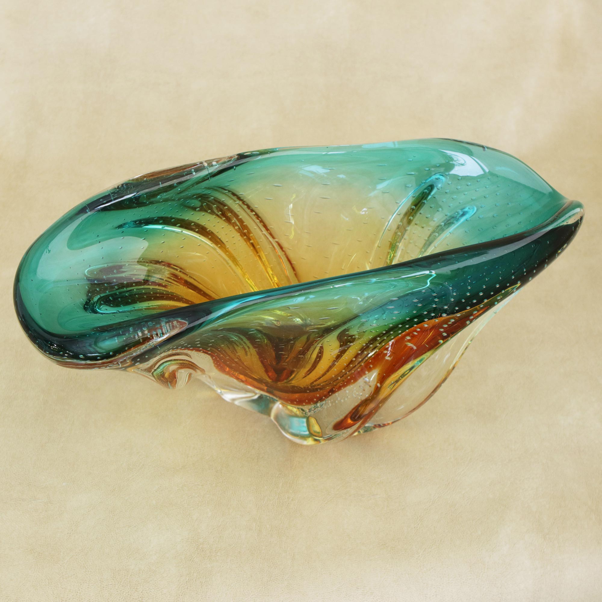 Premium Murano-Style Hand-Blown Glass Bowl in Amber & Blue - Unique Brazilian Artistry