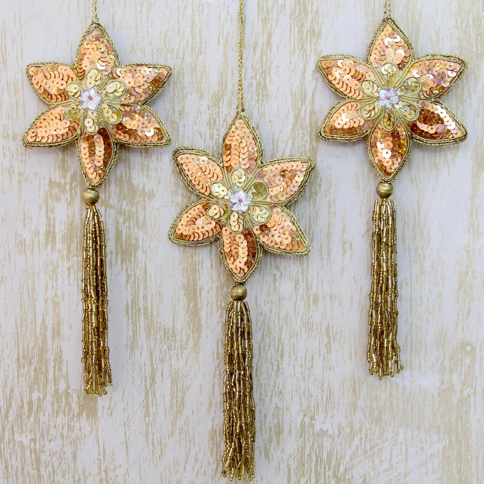 Premium Golden Poinsettia Beaded Ornaments - Handcrafted Christmas Decor