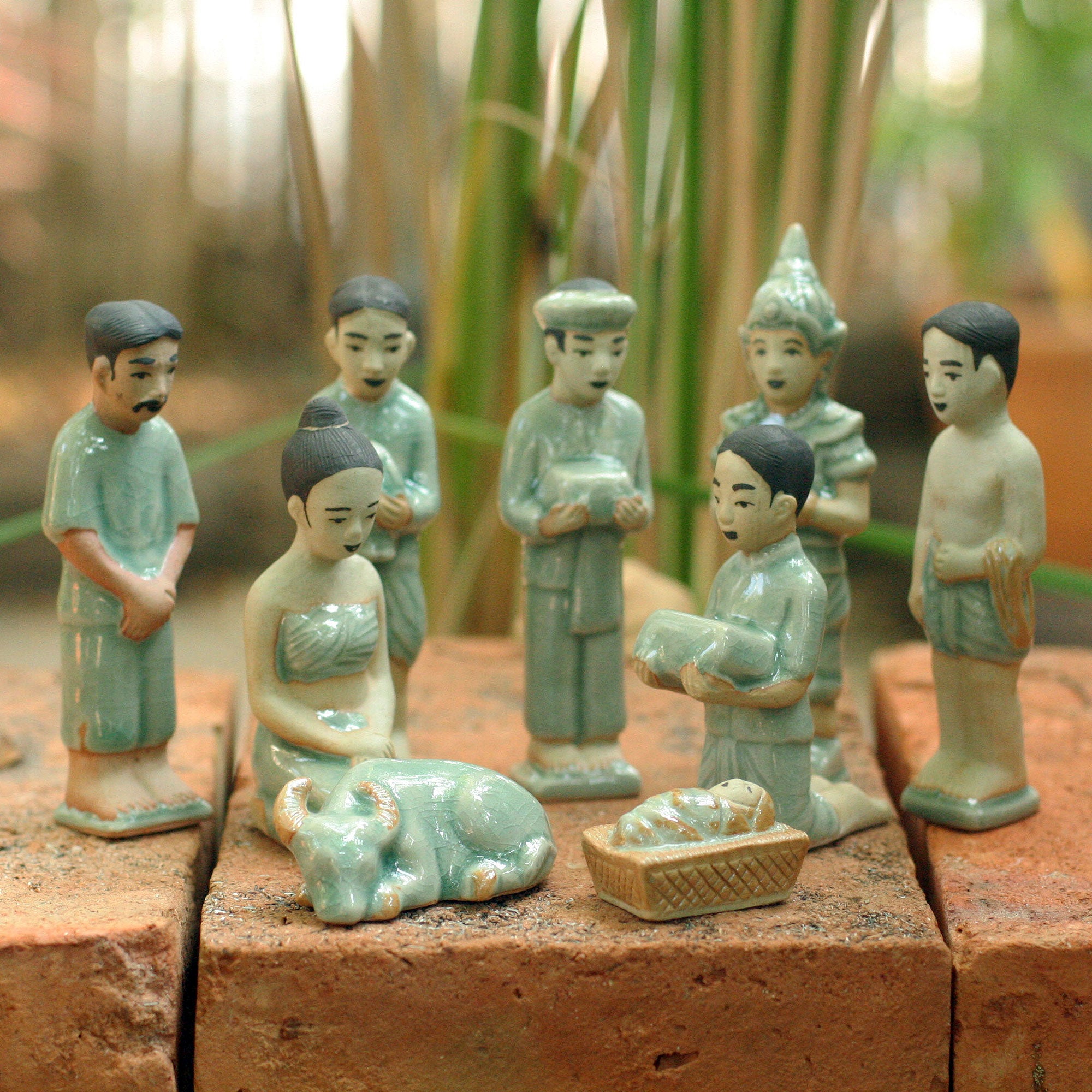 Premium Thai Nativity Scene: Handmade Celadon Ceramic Set