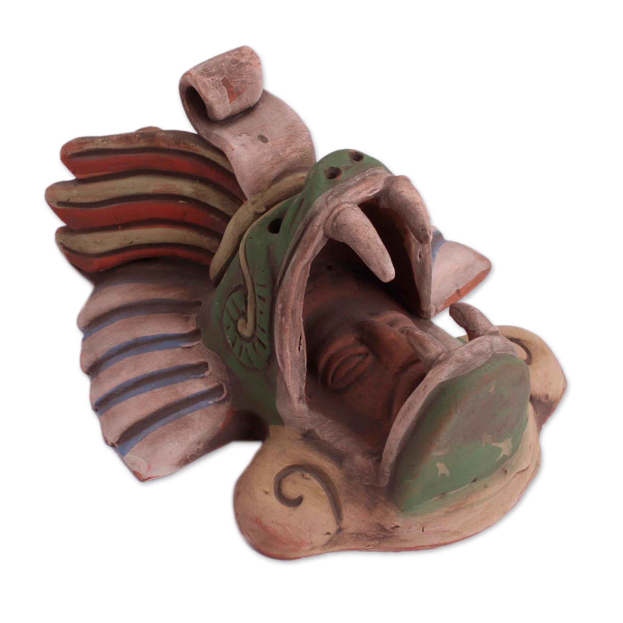 Premium Quetzalcoatl Handcrafted Ceramic Wall Mask - Earthtone Feathered Serpent Design
