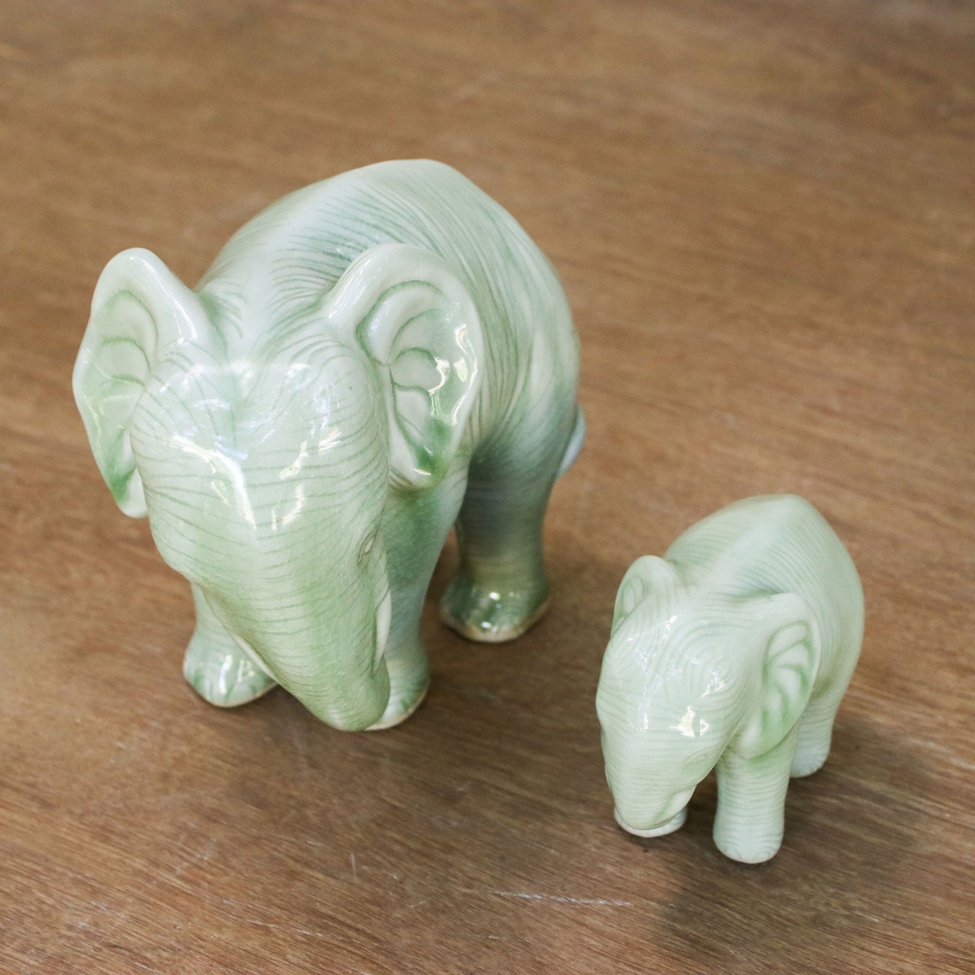 Premium Mother & Baby Elephant Celadon Ceramic Sculptures