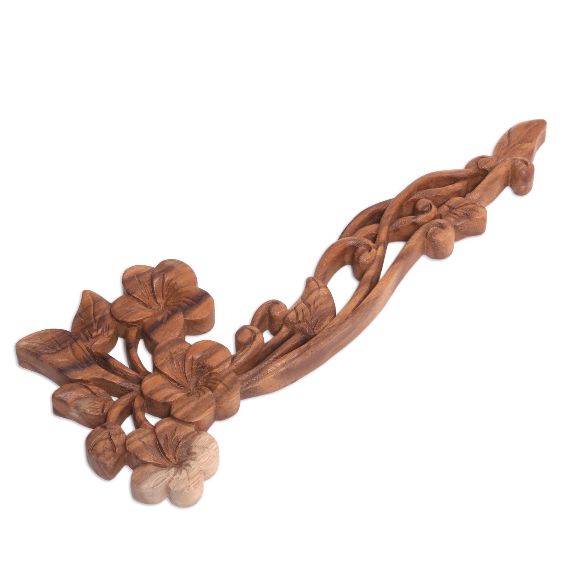 Premium Hand-Carved Frangipani Floral Suar Wood Wall Art Panel