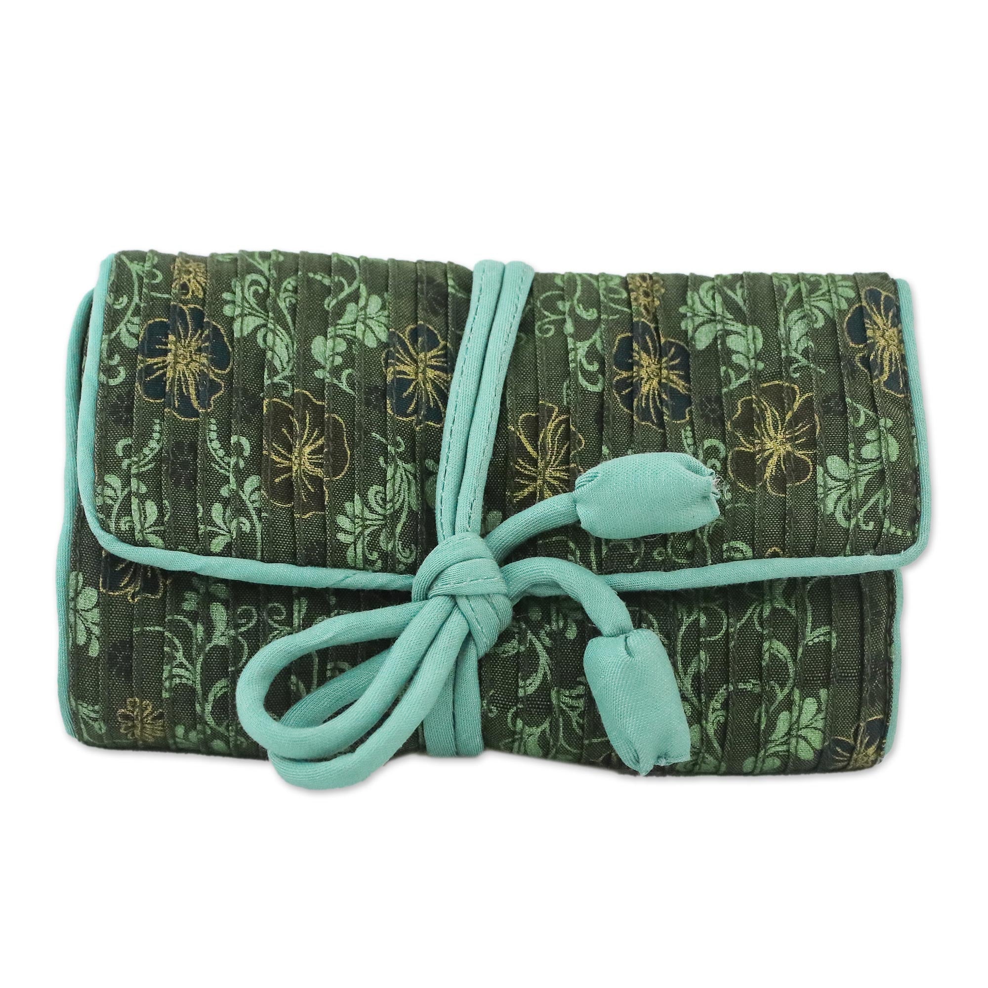 Premium Floral Jewelry Roll - Rayon & Silk Blend in Sage Green by Thai Artisan Vinita