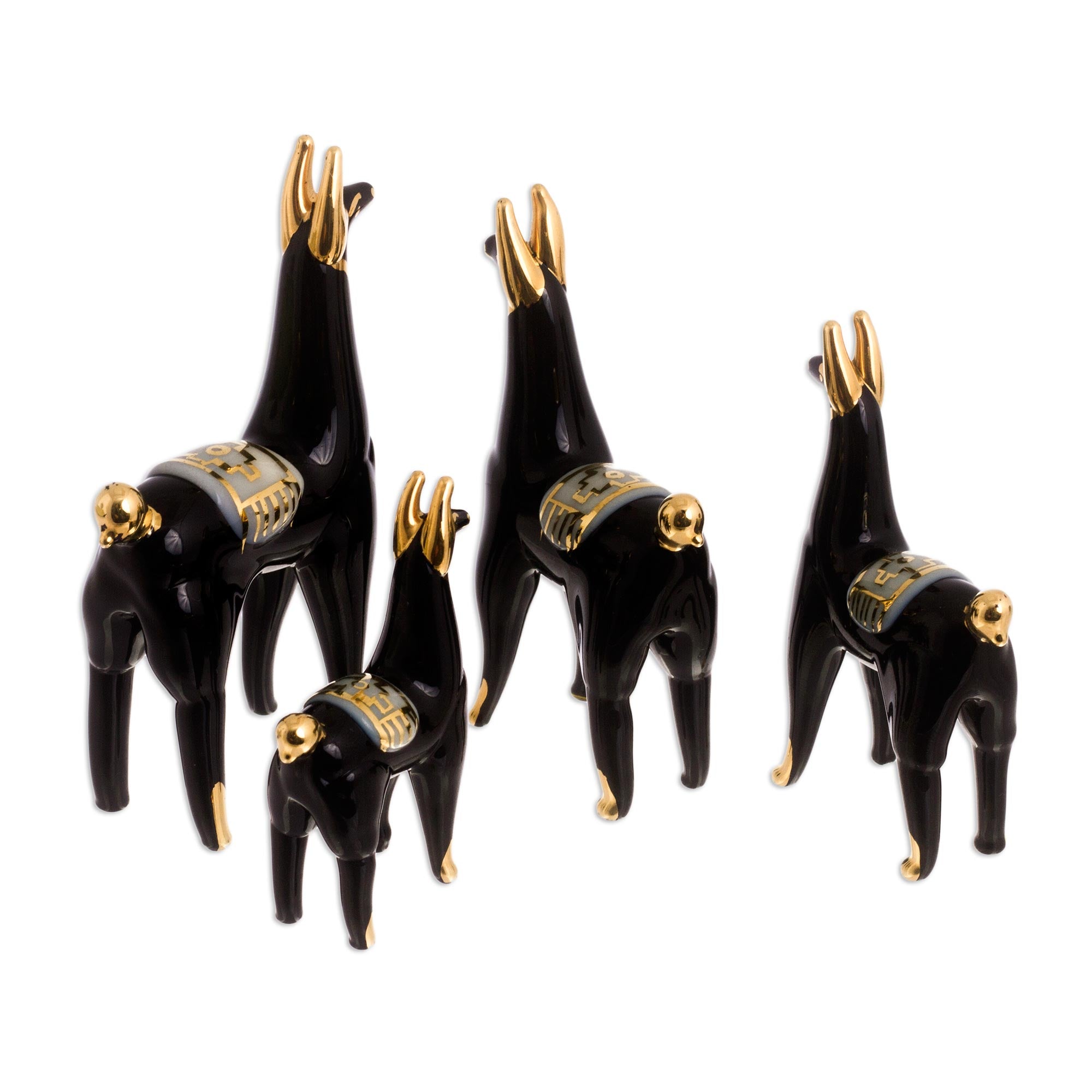 Premium Black Glass Llama Figurines Set of 4 with Gilded Accents - Handcrafted Andes Collection