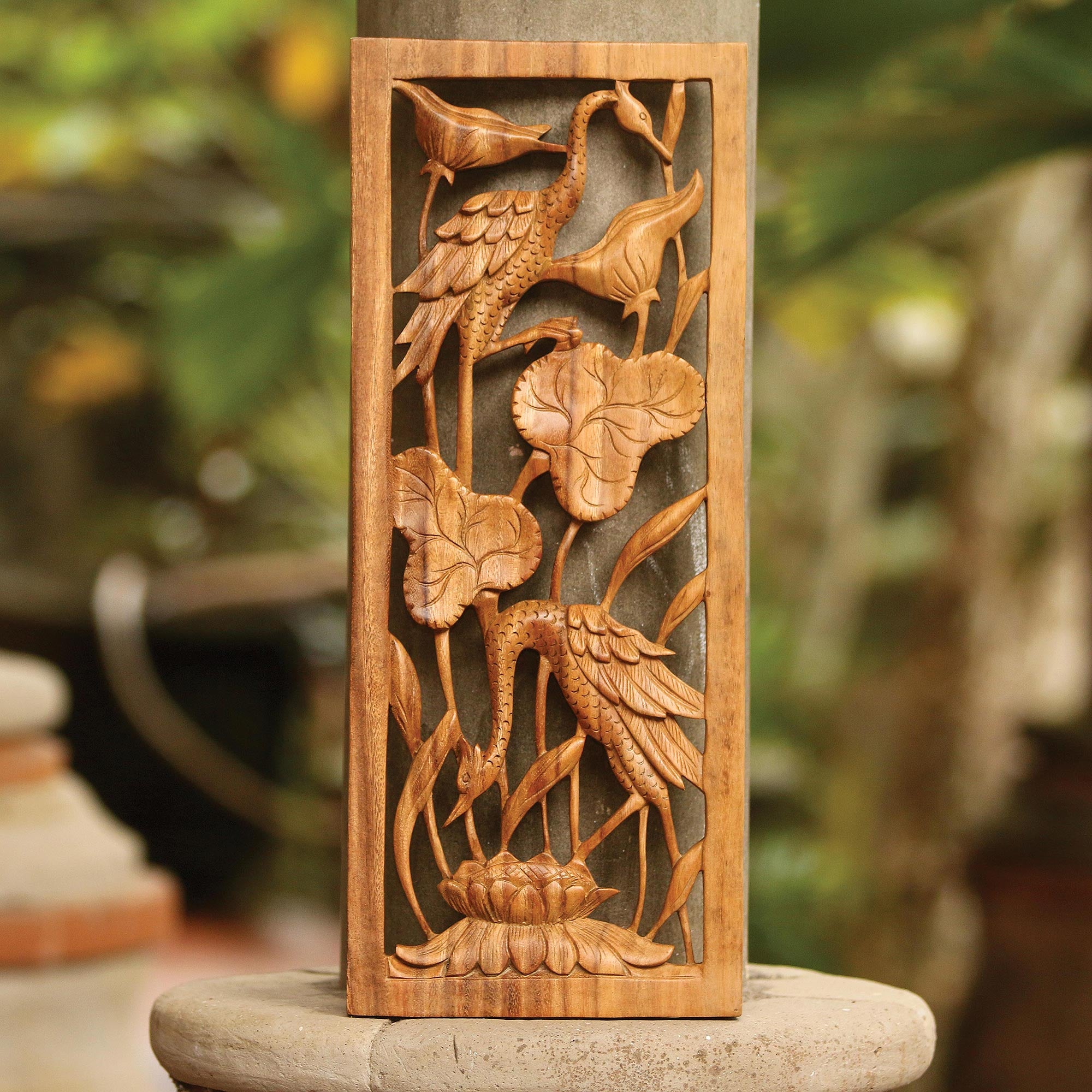 Premium Hand-Carved Suar Wood Heron & Lotus Pond Wall Art