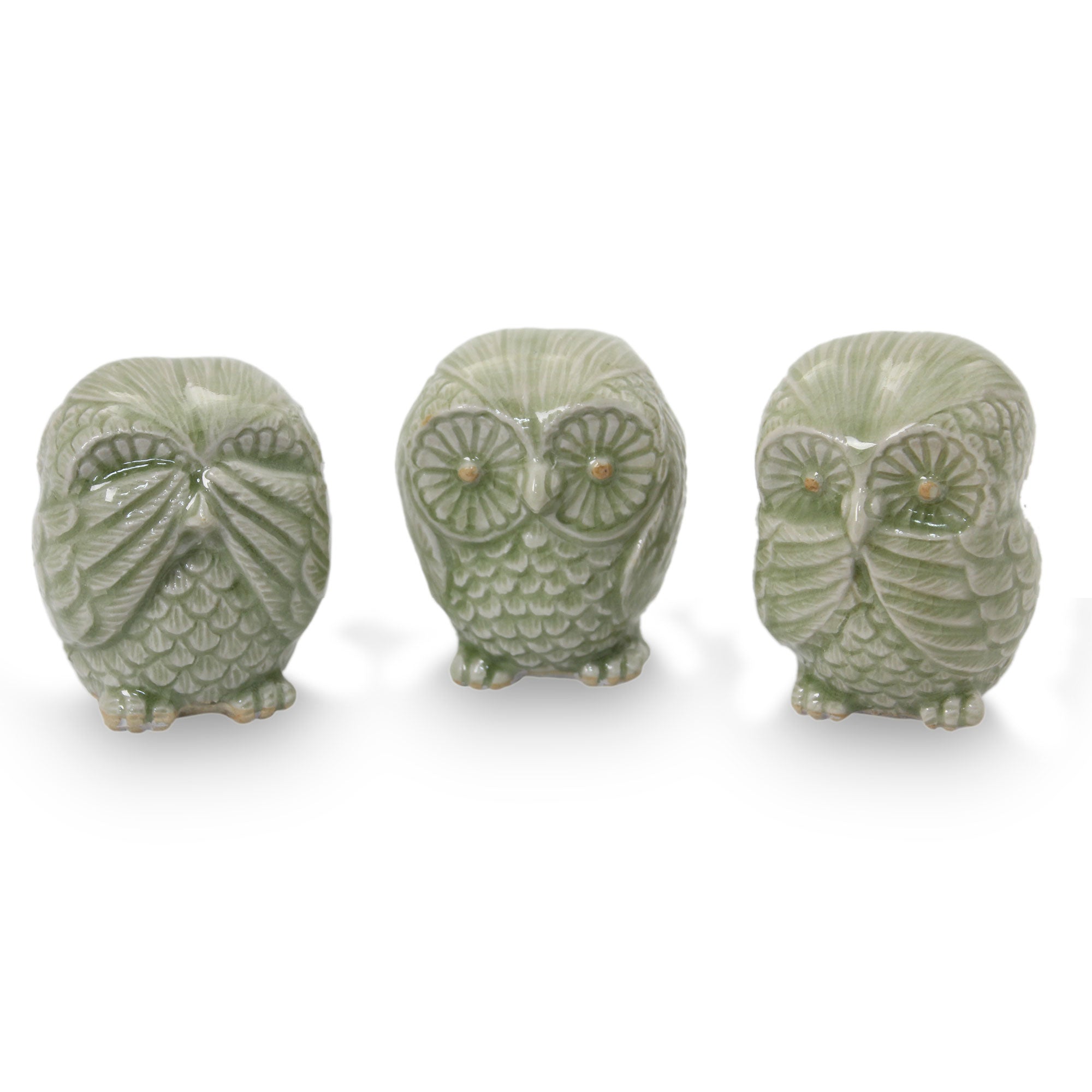 Premium Green Owl Trio: Handcrafted Celadon Ceramic Statuettes (Set of 3)