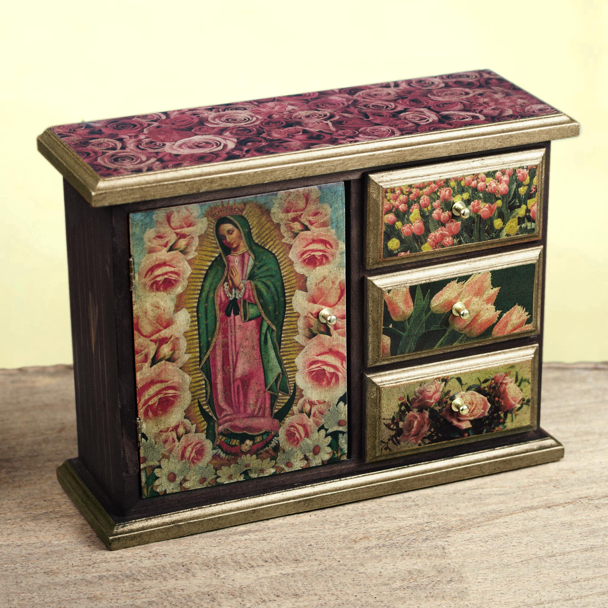 Premium Virgin of Guadalupe Decoupage Chest - Handcrafted Antique Design