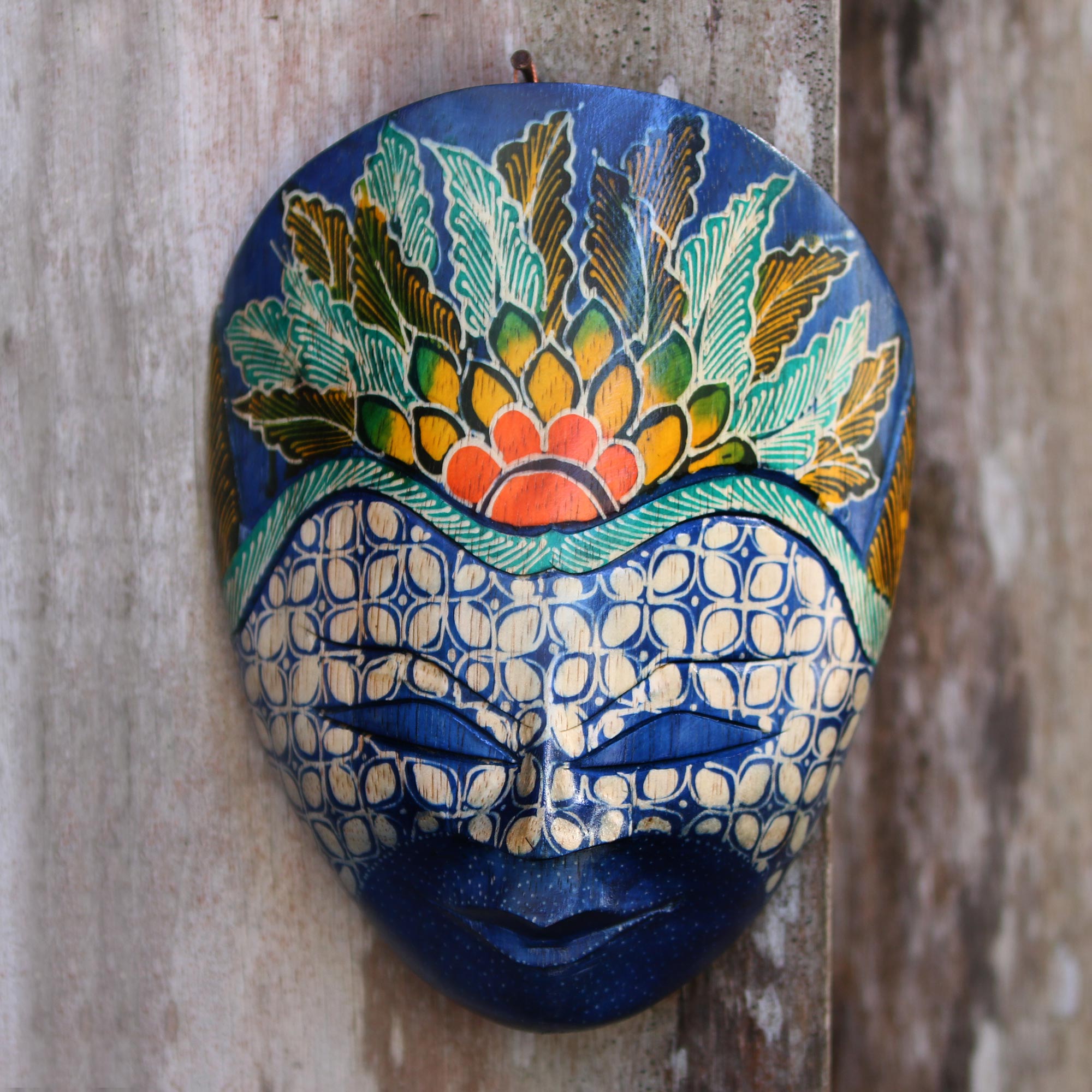 Premium Blue Prince Floral Batik Wood Mask - Handcrafted Java Art